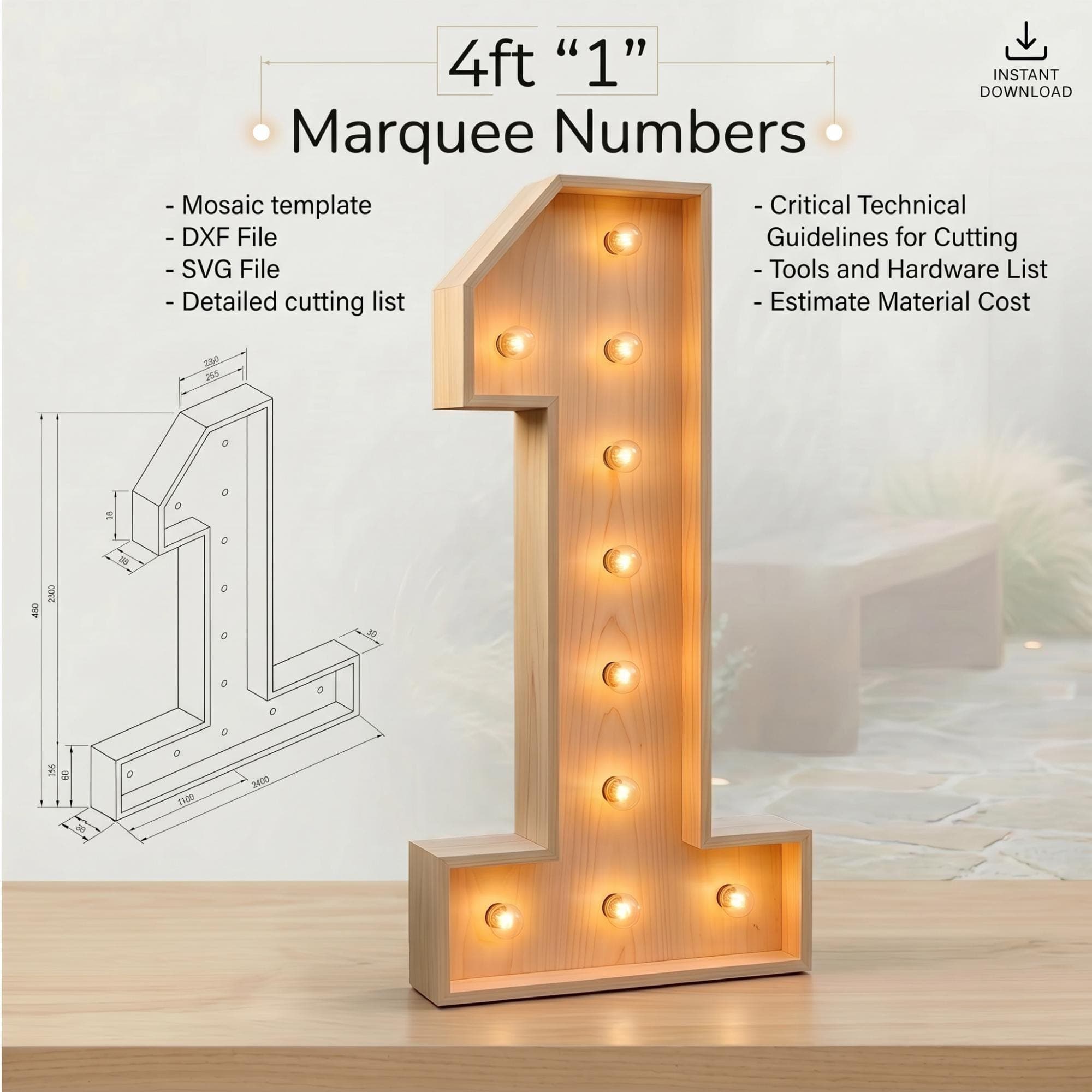 4ft Marquee Letter '1' Template PDF | Diy Giant Light Up Letter Svg, Dxf, Pdf Blueprint - view 2