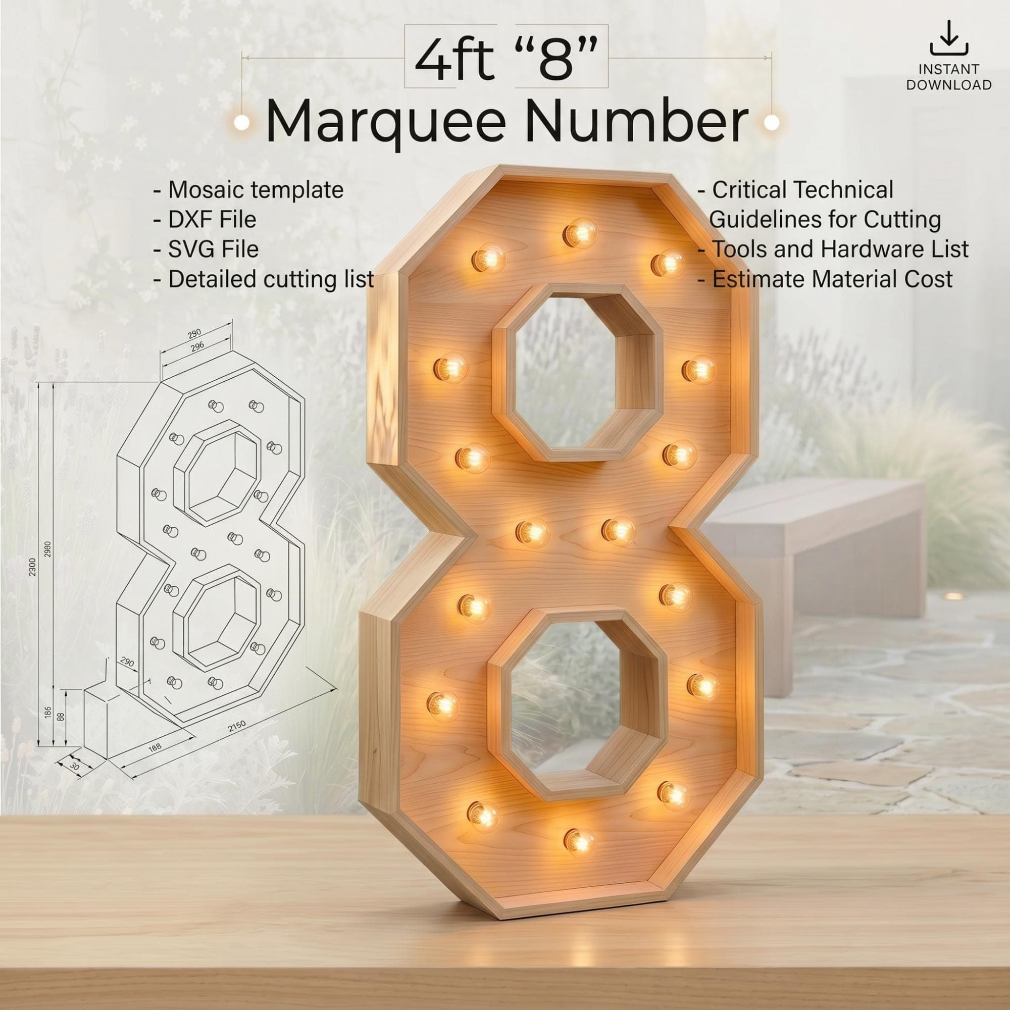 4ft Marquee Letter '8' Template PDF | Diy Giant Light Up Letter Svg, Dxf, Pdf Blueprint - view 2