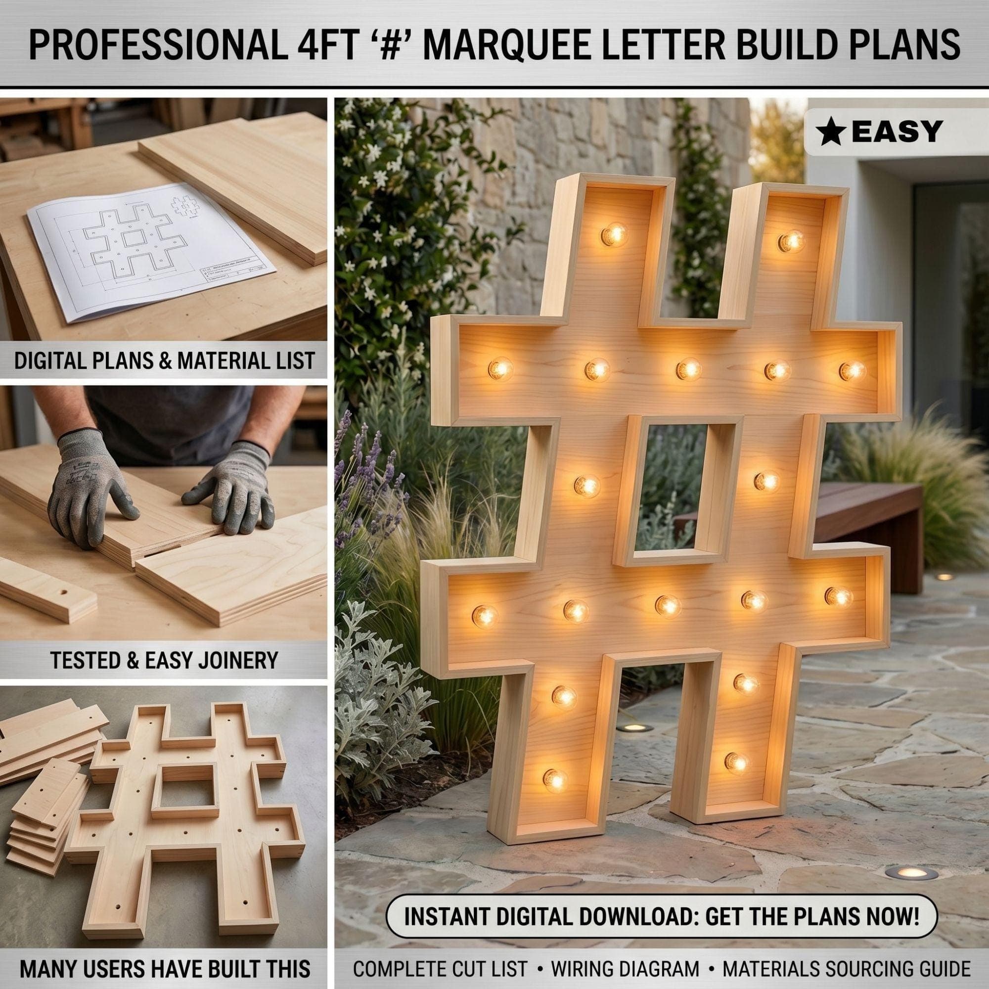 4ft Marquee Letter # Template PDF | Diy Giant Light Up Letter Svg, Dxf, Pdf Blueprint - view 4