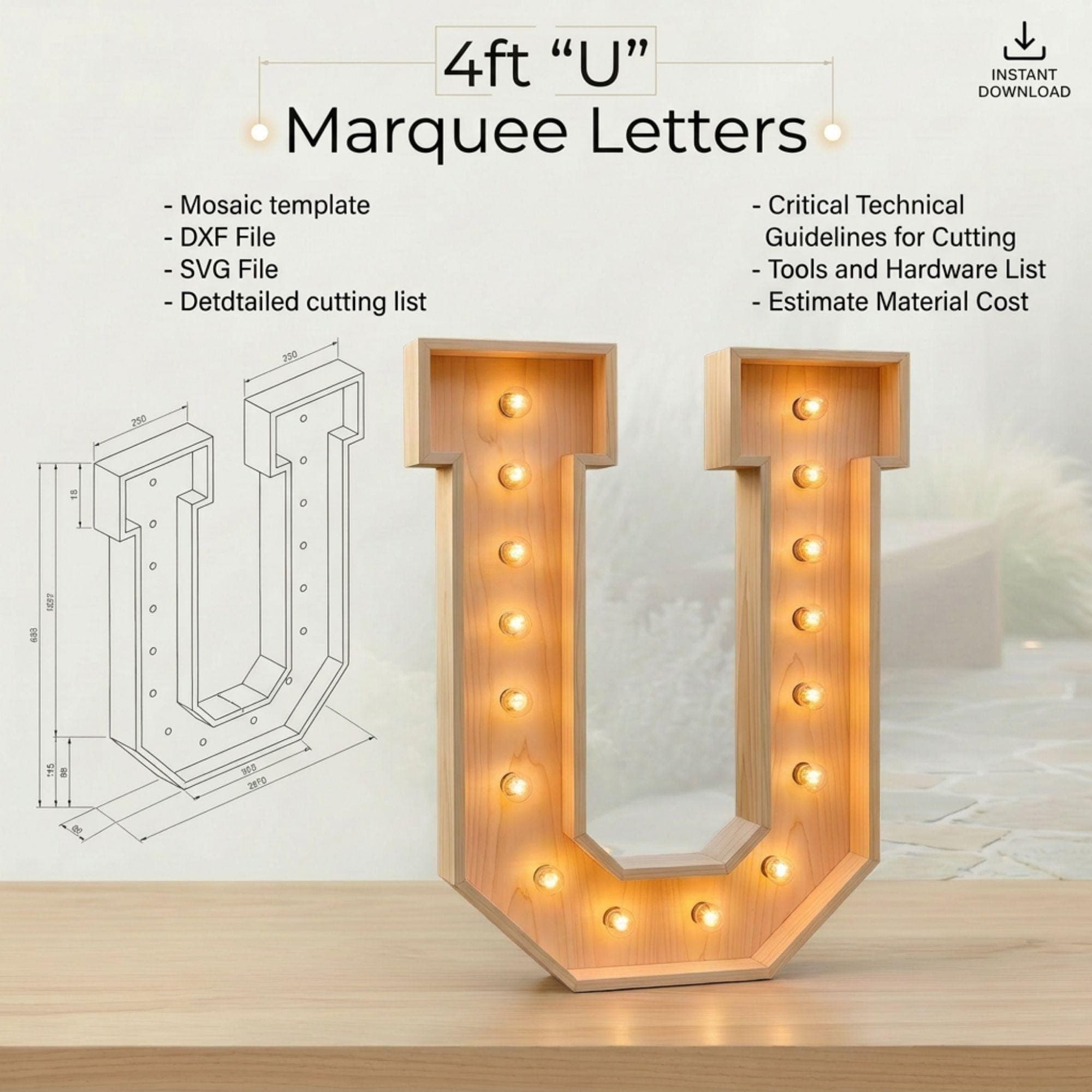 4ft Marquee Letter U Template PDF | Diy Giant Light Up Letter Svg, Dxf, Pdf Blueprint - view 2
