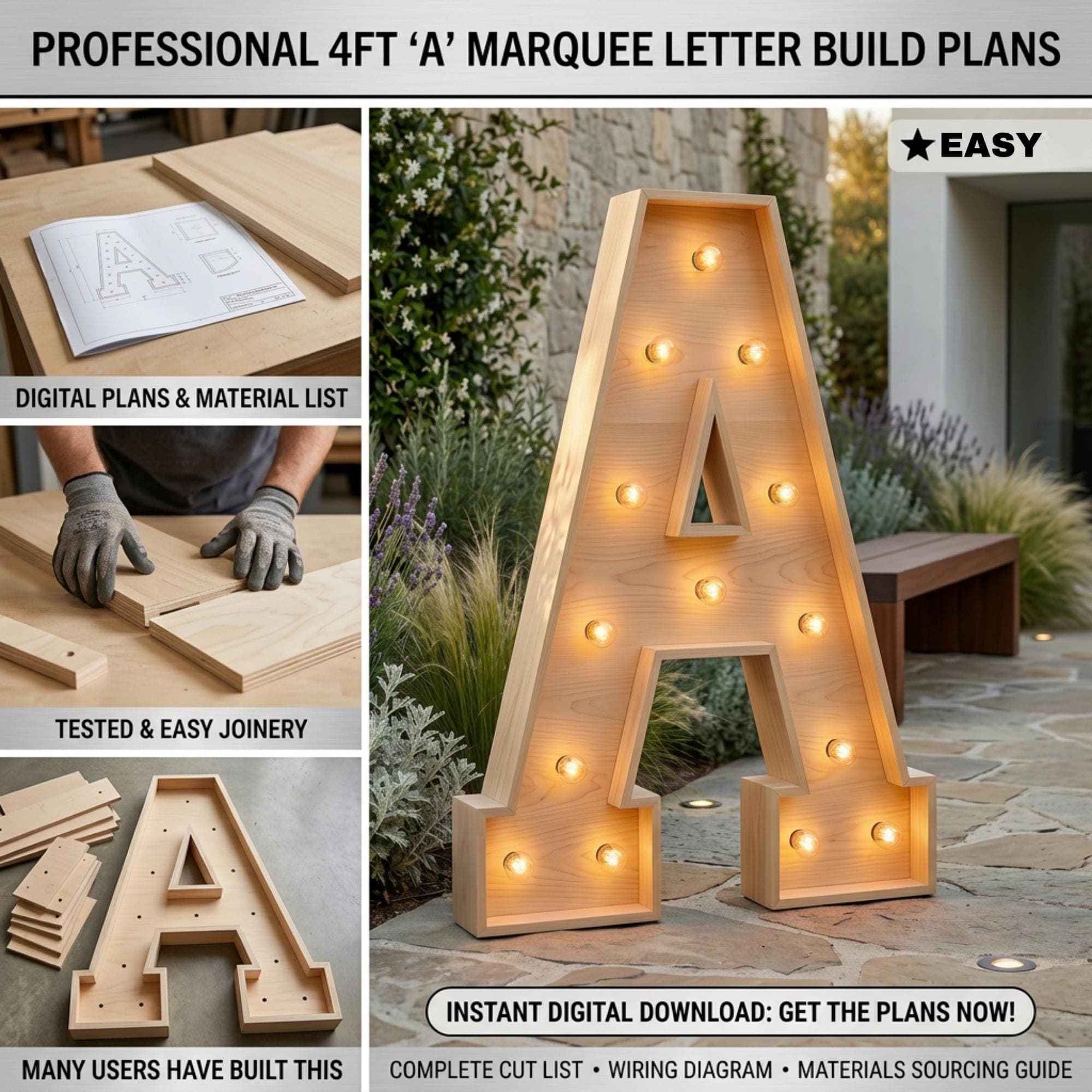 4ft Marquee Letter A Template PDF | Diy Giant Light Up Letter Plans | Wooden Marquee Sign with Lights | Svg, Dxf, Pdf Blueprint - view 2