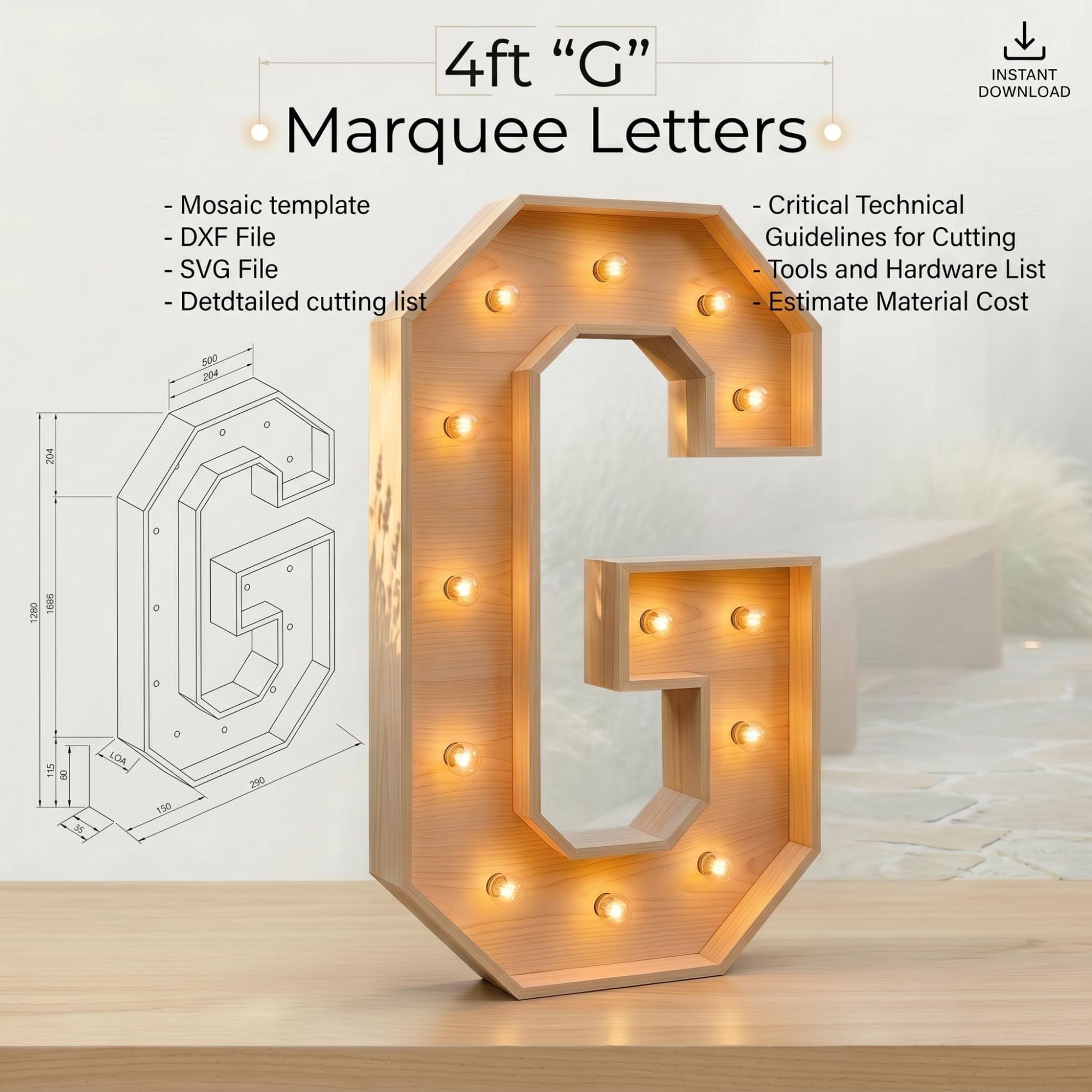 4ft Marquee Letter "G" Template PDF | Diy Giant Light Up Letter Svg, Dxf, Pdf Blueprint