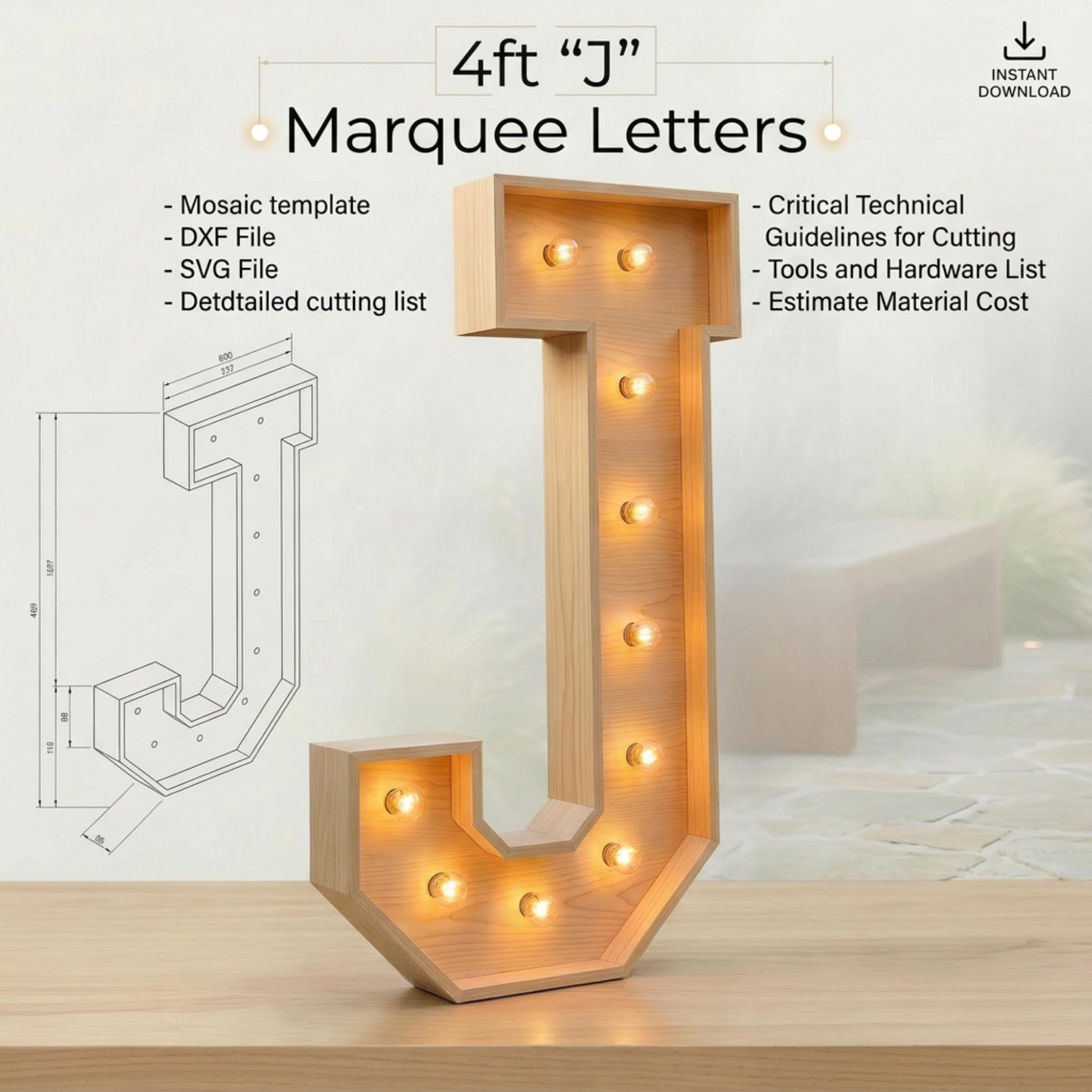 4ft Marquee Letter "J" Template PDF | Diy Giant Light Up Letter Svg, Dxf, Pdf Blueprint