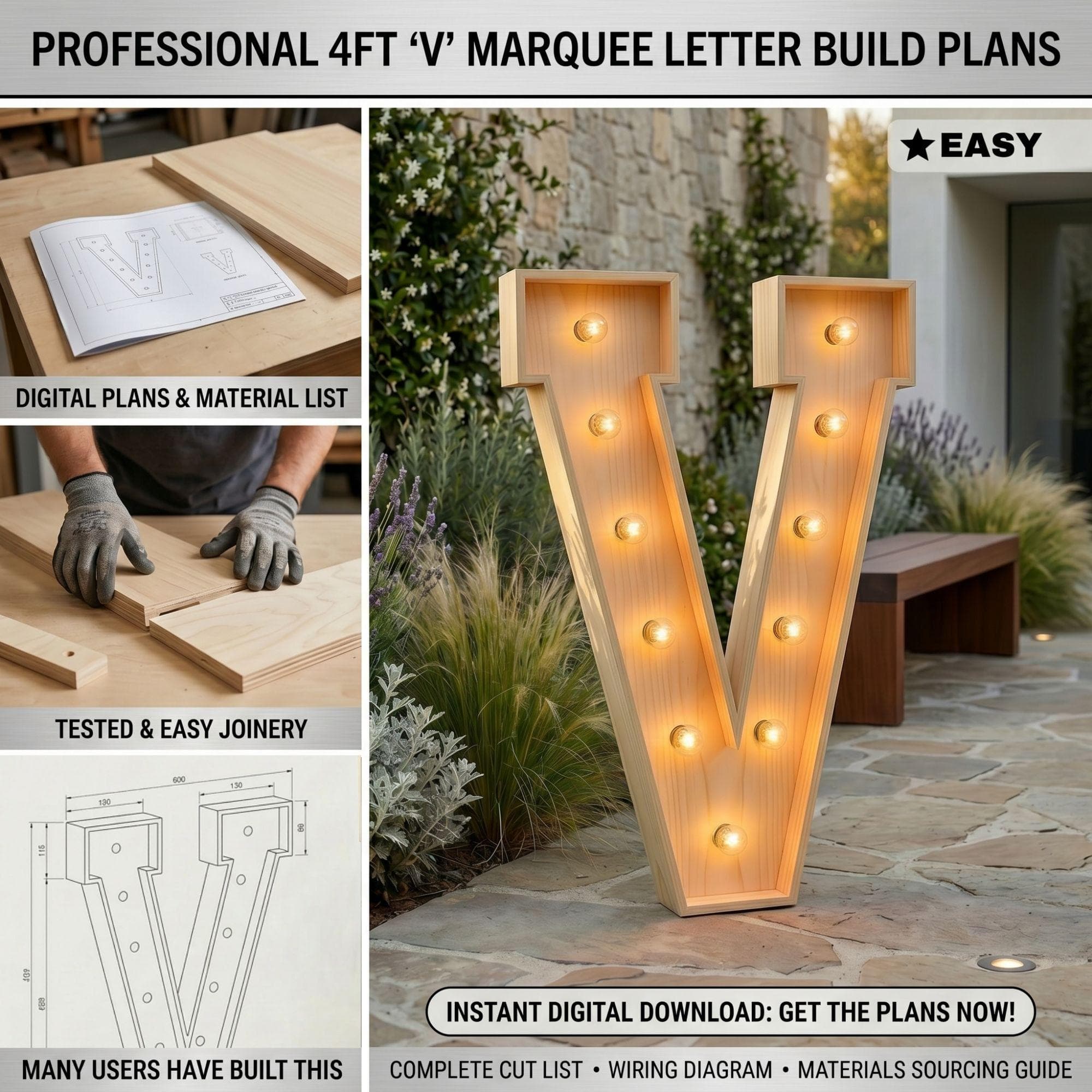 4ft Marquee Letter V Template PDF | Diy Giant Light Up Letter Svg, Dxf, Pdf Blueprint - view 3