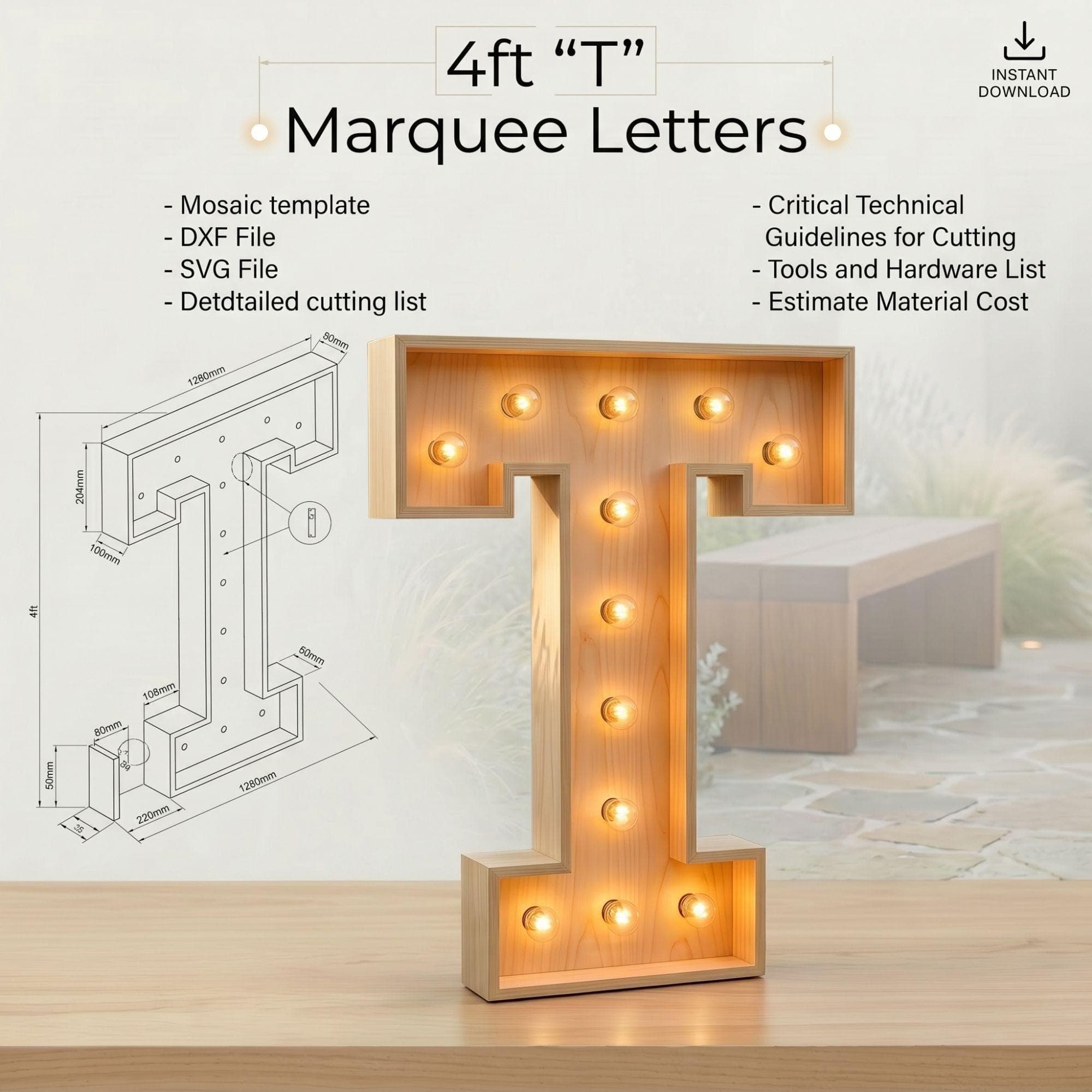 4ft Marquee Letter T Template PDF | Diy Giant Light Up Letter Svg, Dxf, Pdf Blueprint - view 2