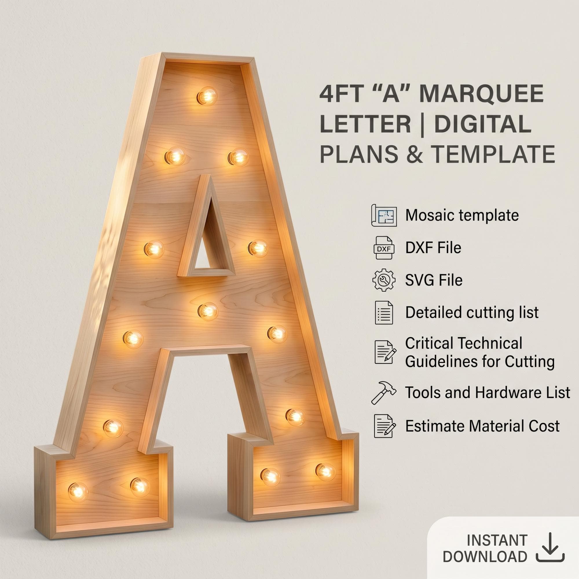 4ft Marquee Letter A Template PDF | Diy Giant Light Up Letter Plans | Wooden Marquee Sign with Lights | Svg, Dxf, Pdf Blueprint - view 3