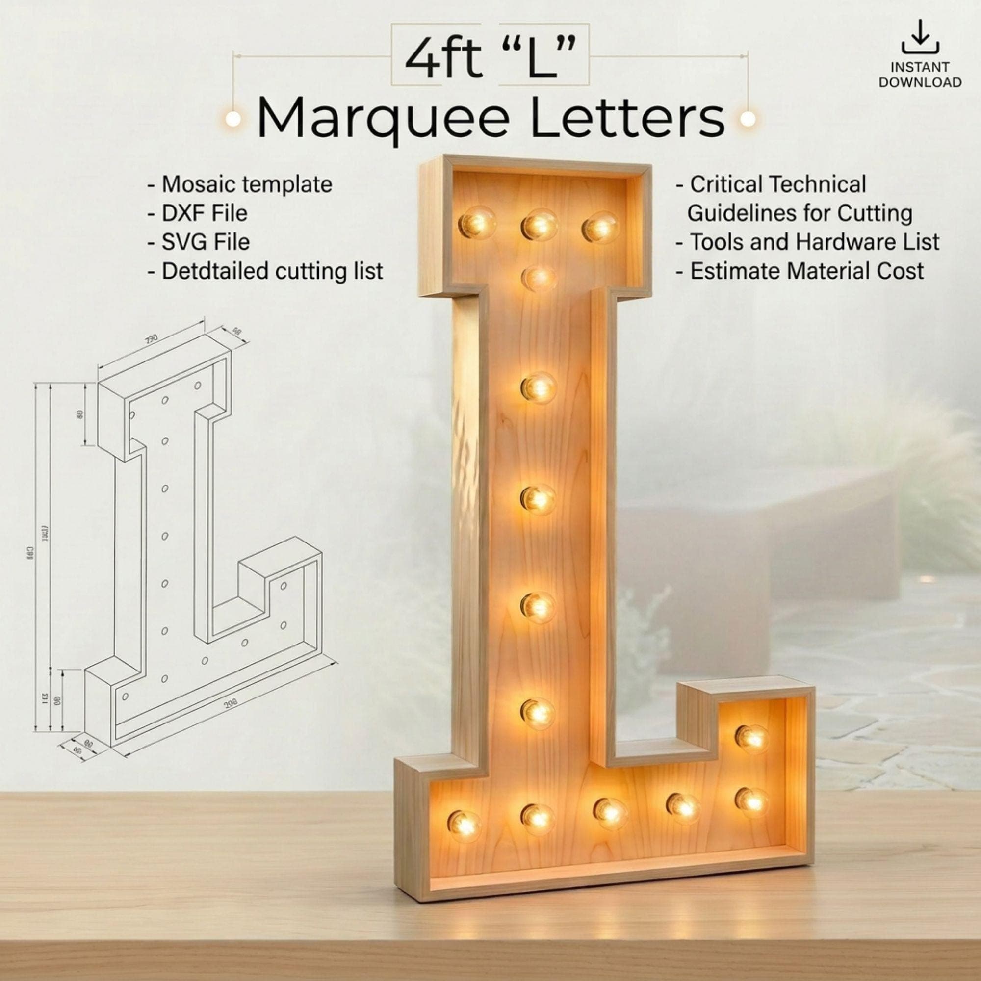 4ft Marquee Letter L Template PDF | Diy Giant Light Up Letter Svg, Dxf, Pdf Blueprint - view 2