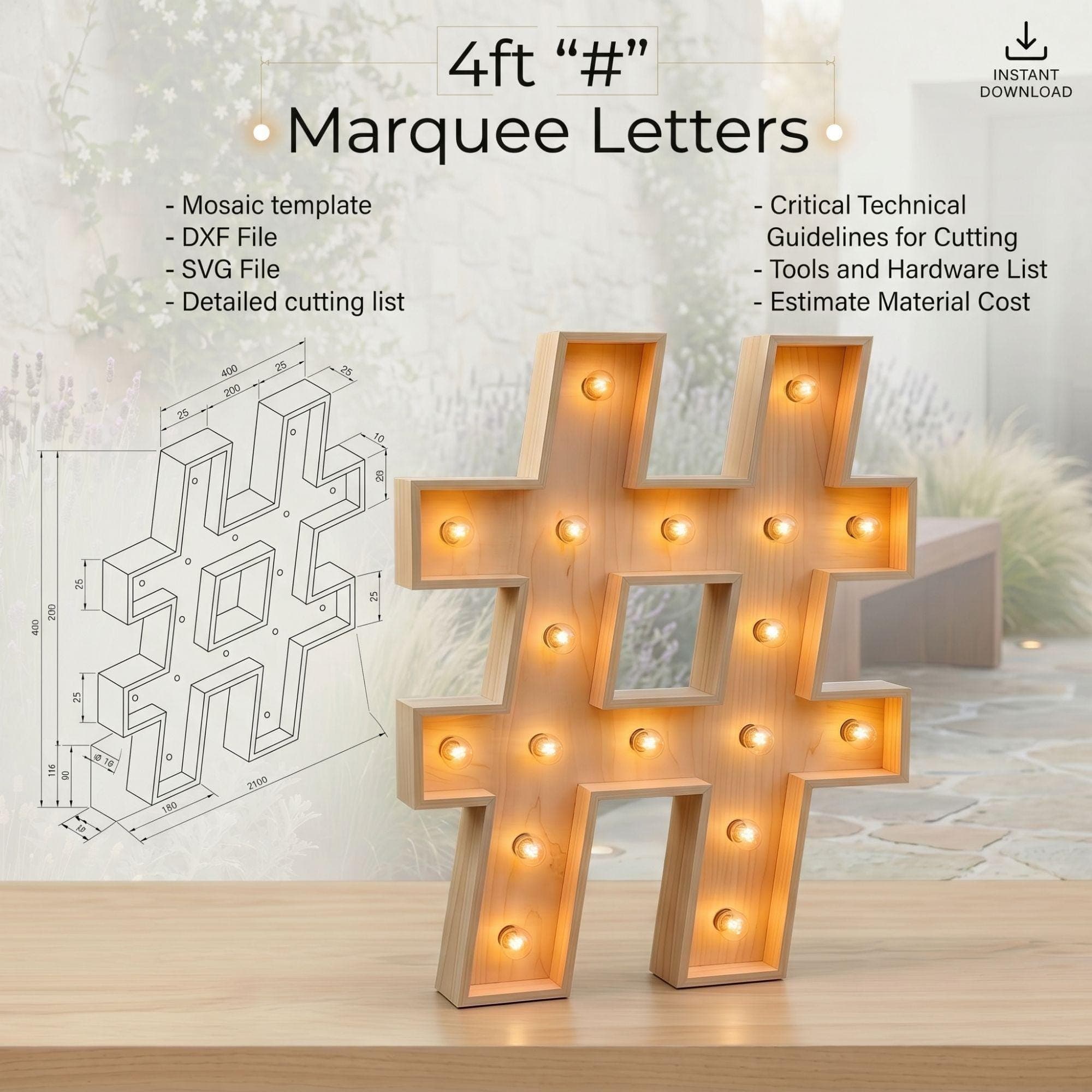 4ft Marquee Letter # Template PDF | Diy Giant Light Up Letter Svg, Dxf, Pdf Blueprint - view 3