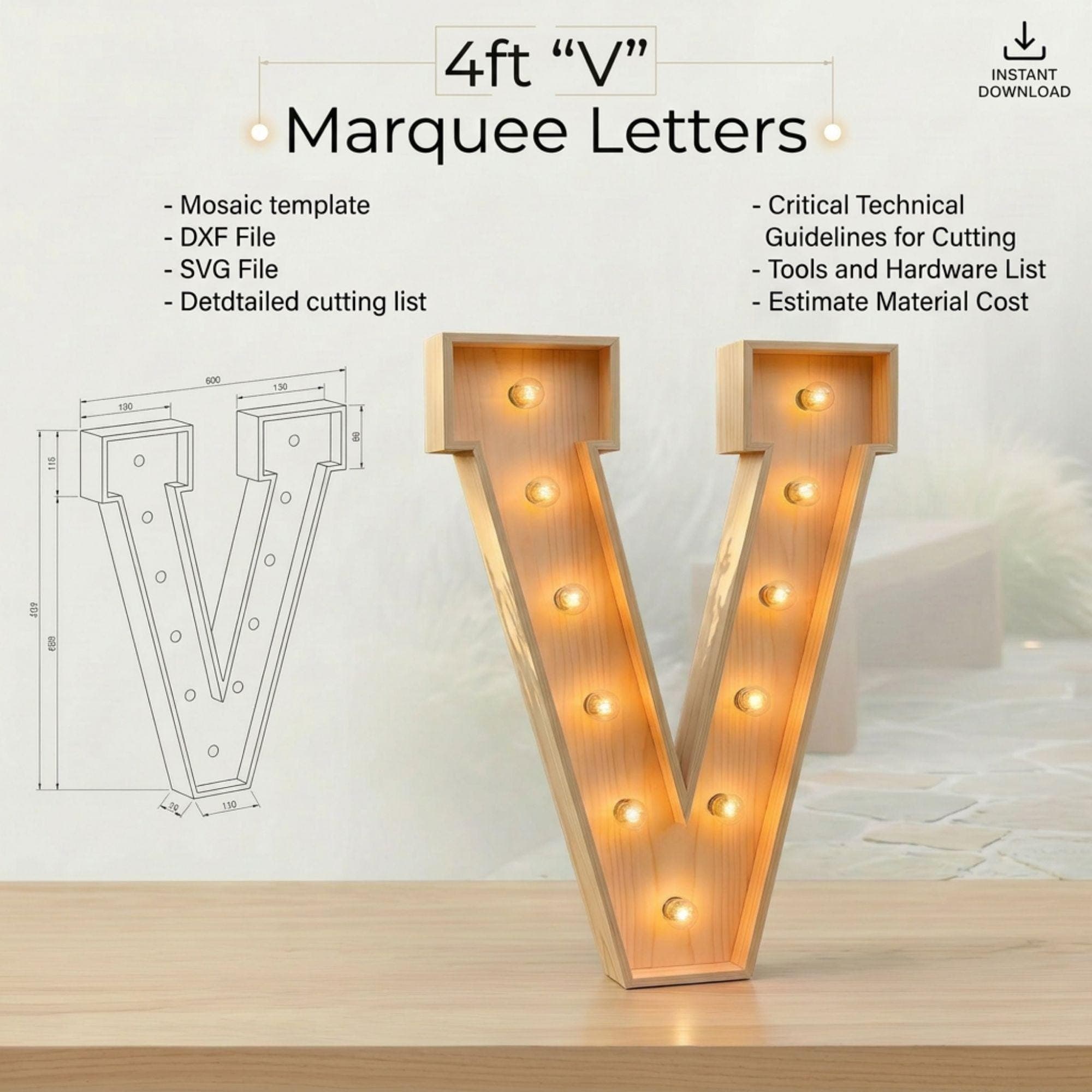 4ft Marquee Letter V Template PDF | Diy Giant Light Up Letter Svg, Dxf, Pdf Blueprint - view 2