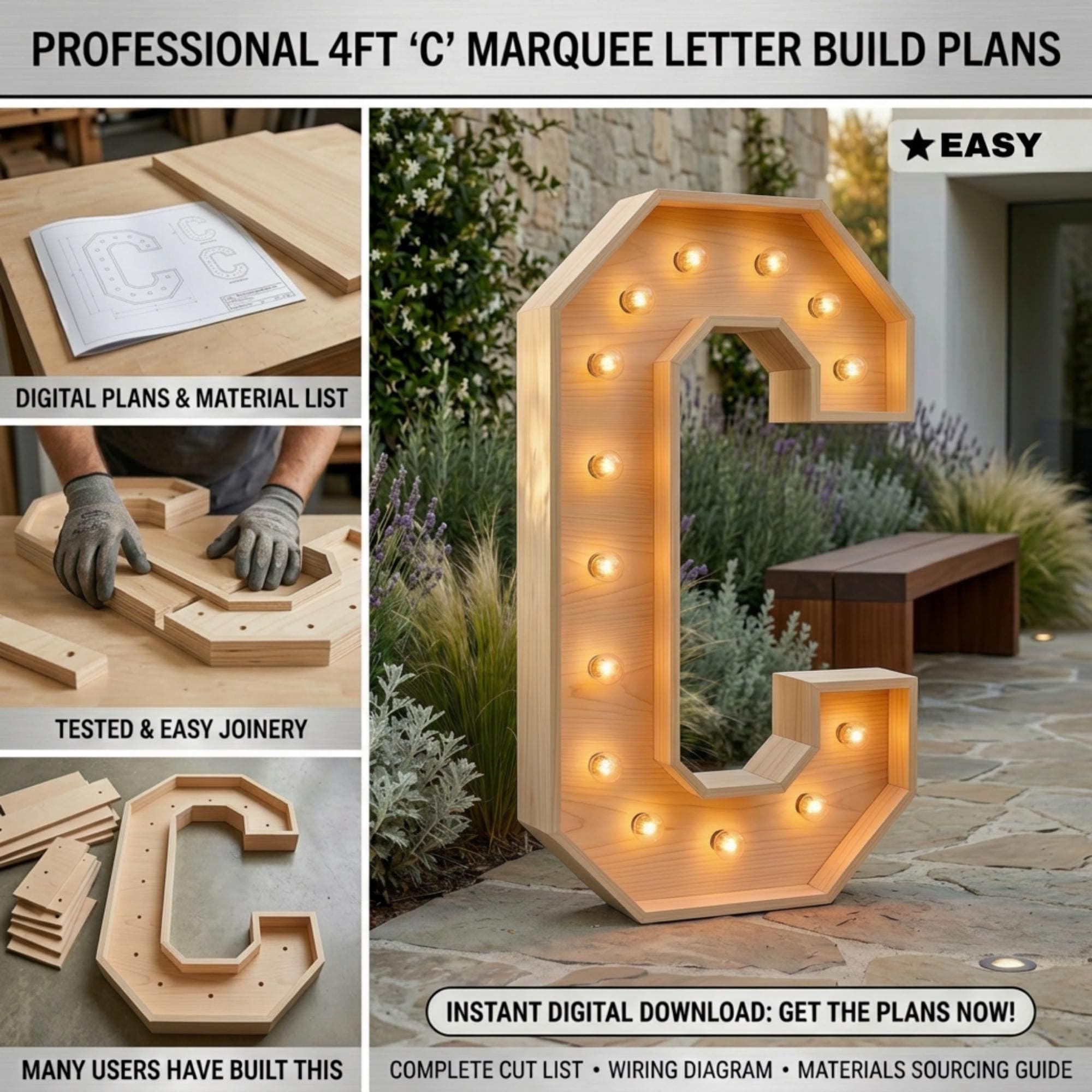 4ft Marquee Letter C Template PDF | Diy Giant Light Up Letter Svg, Dxf, Pdf Blueprint - view 2