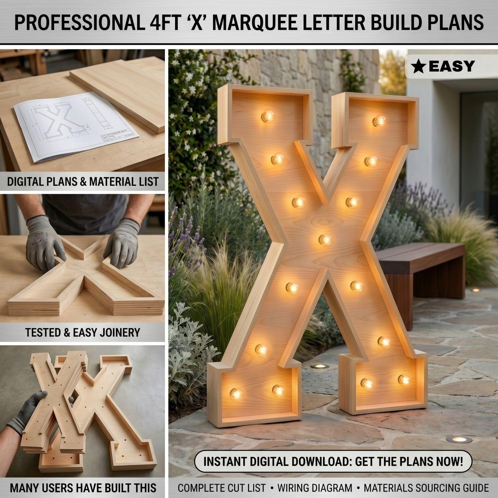 4ft Marquee Letter X Template PDF | Diy Giant Light Up Letter Svg, Dxf, Pdf Blueprint - view 3