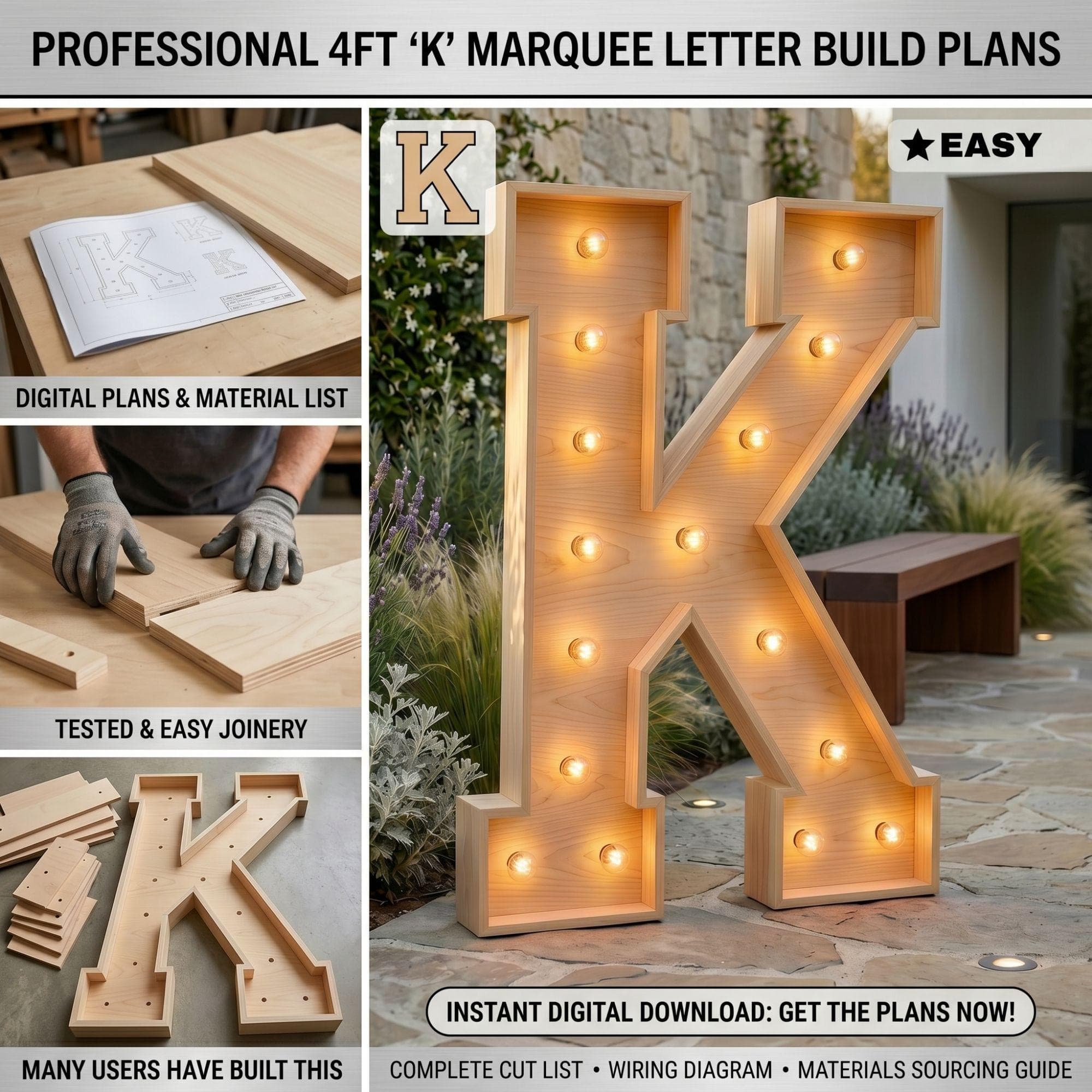 4ft Marquee Letter K Template PDF | Diy Giant Light Up Letter Svg, Dxf, Pdf Blueprint - view 4