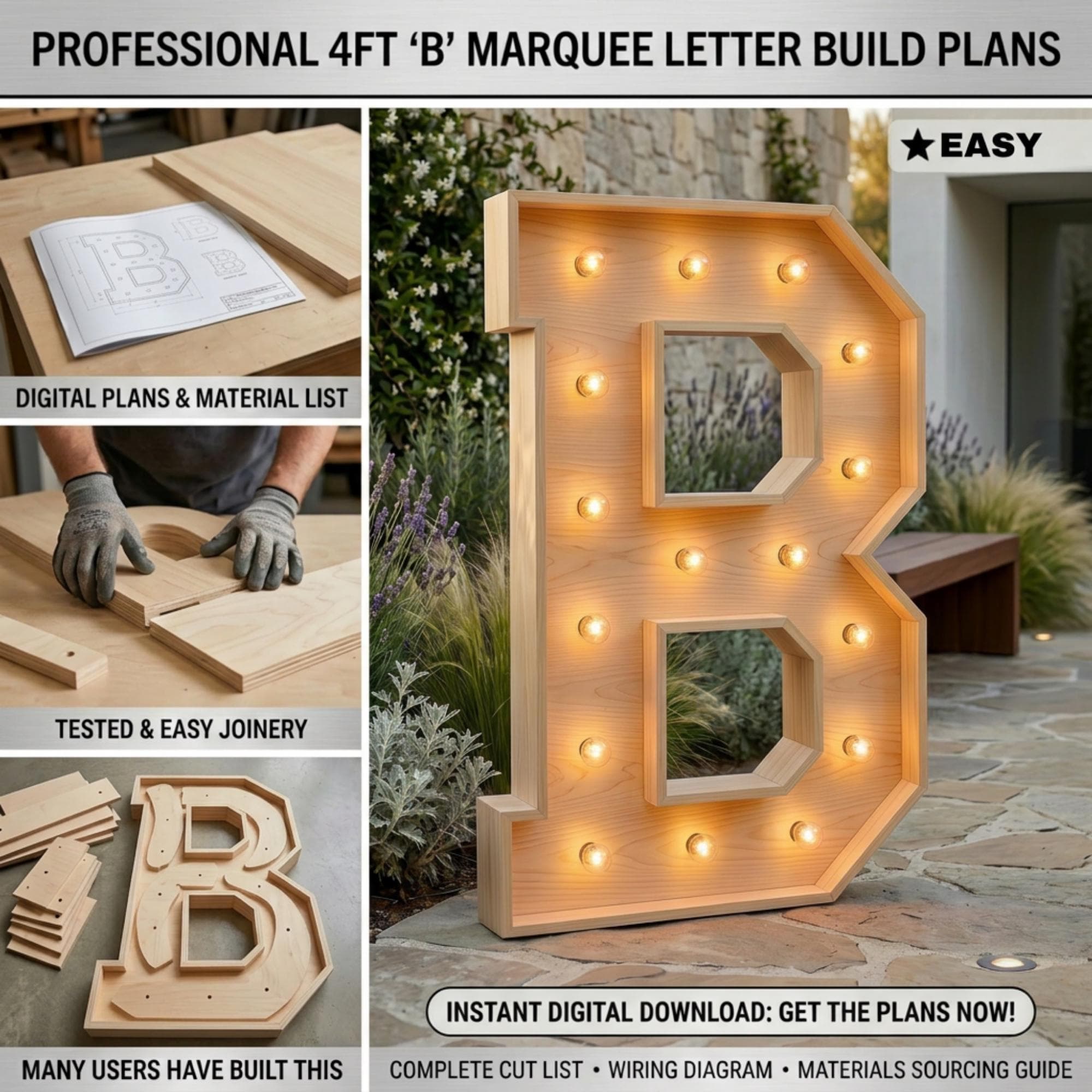 4ft Marquee Letter B Template PDF | Diy Giant Light Up Letter Svg, Dxf, Pdf Blueprint - view 4