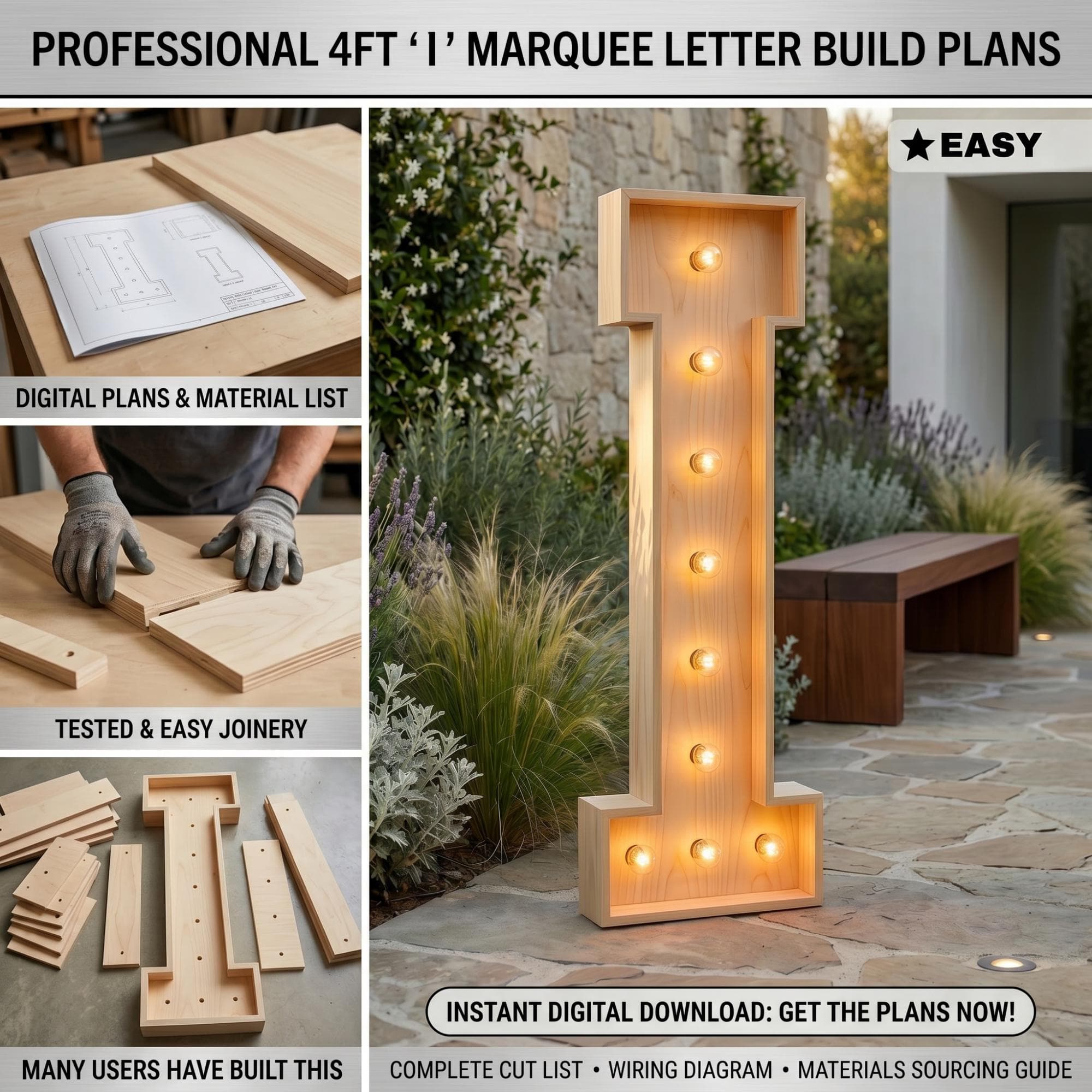 4ft Marquee Letter "I" Template PDF | Diy Giant Light Up Letter Svg, Dxf, Pdf Blueprint - view 2