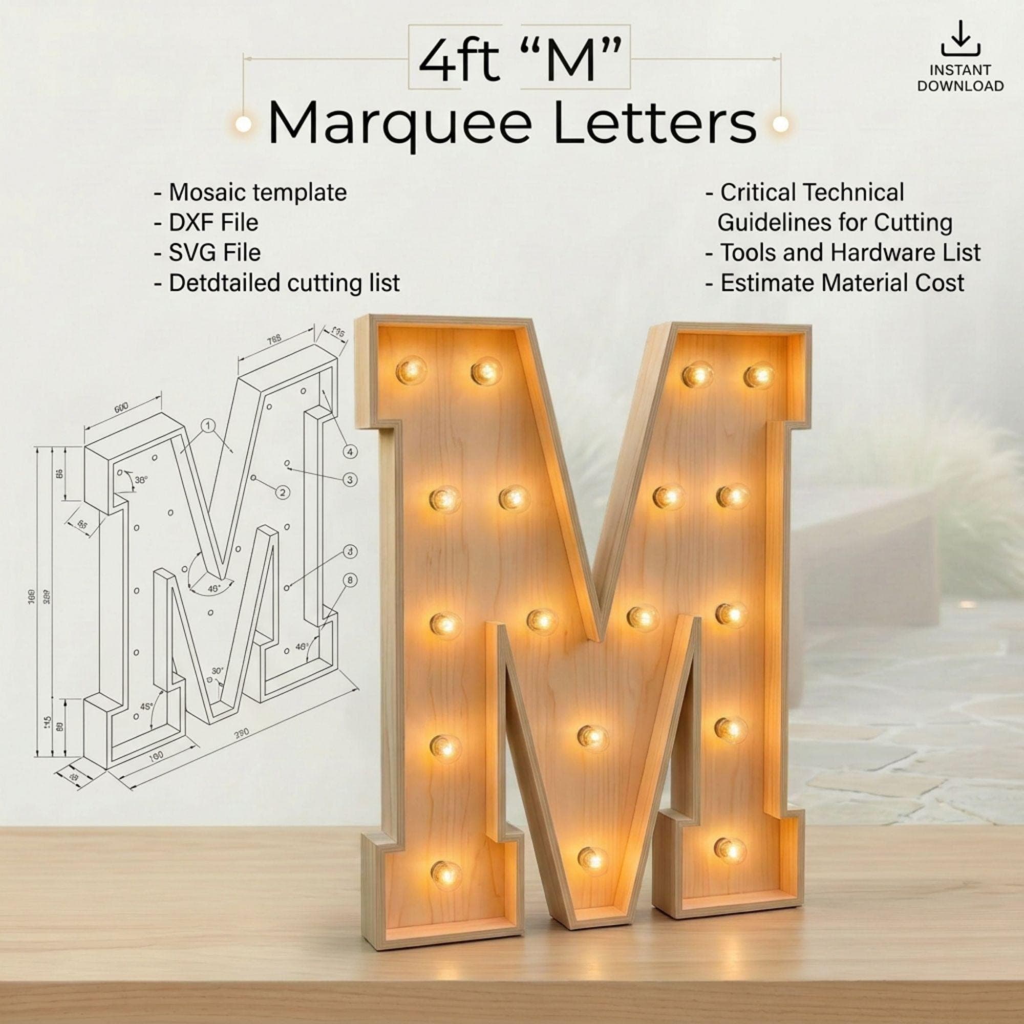 4ft Marquee Letter M Template PDF | Diy Giant Light Up Letter Svg, Dxf, Pdf Blueprint - view 2