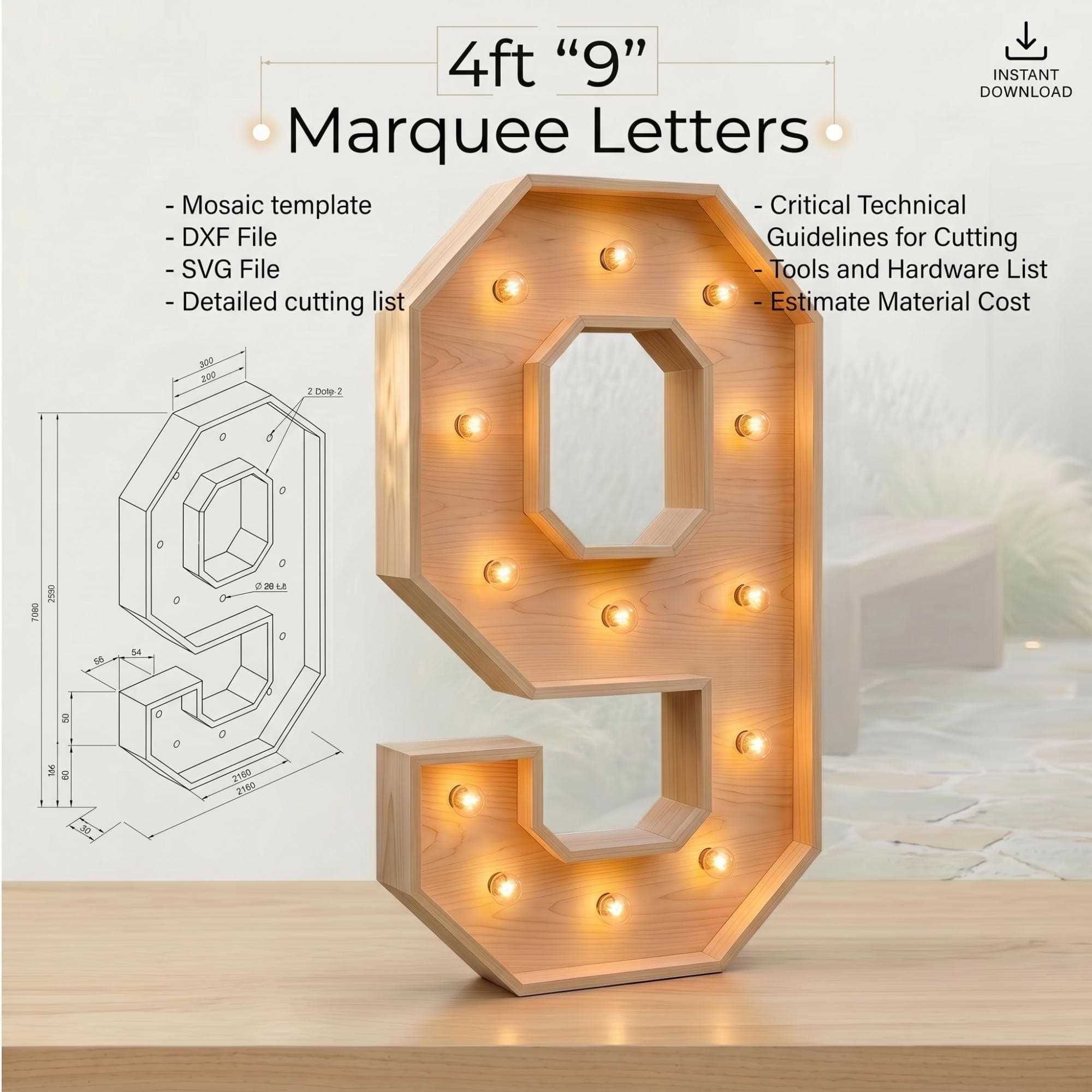4ft Marquee Letter '9' Template PDF | Diy Giant Light Up Letter Svg, Dxf, Pdf Blueprint - view 2