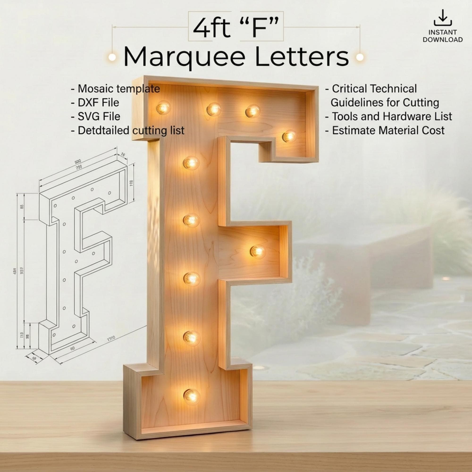 4ft Marquee Letter F Template PDF | Diy Giant Light Up Letter Svg, Dxf, Pdf Blueprint