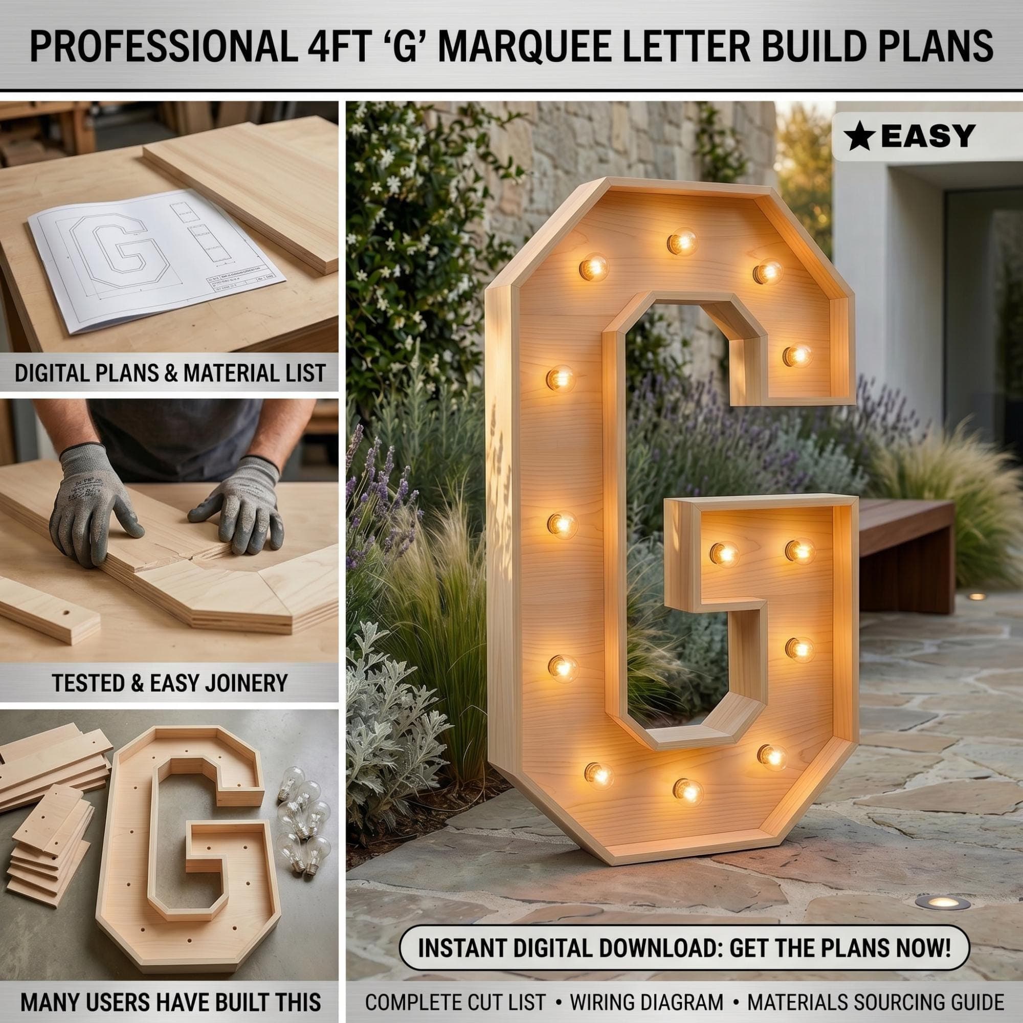 4ft Marquee Letter "G" Template PDF | Diy Giant Light Up Letter Svg, Dxf, Pdf Blueprint - view 4