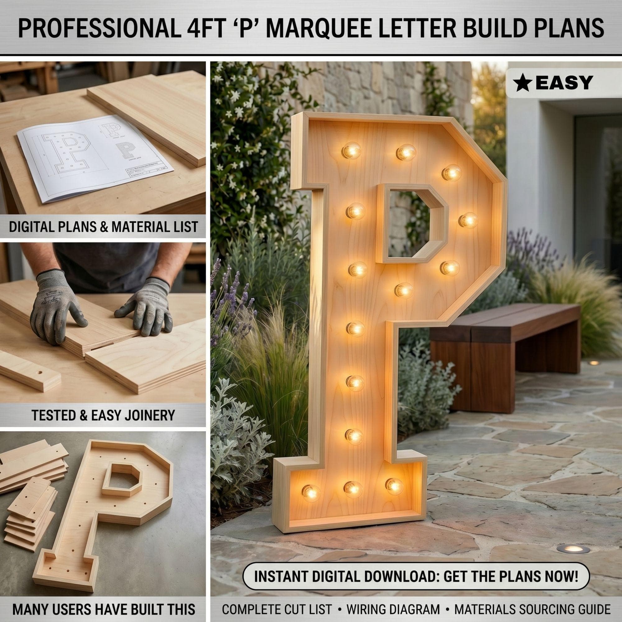 4ft Marquee Letter P Template PDF | Diy Giant Light Up Letter Svg, Dxf, Pdf Blueprint - view 3