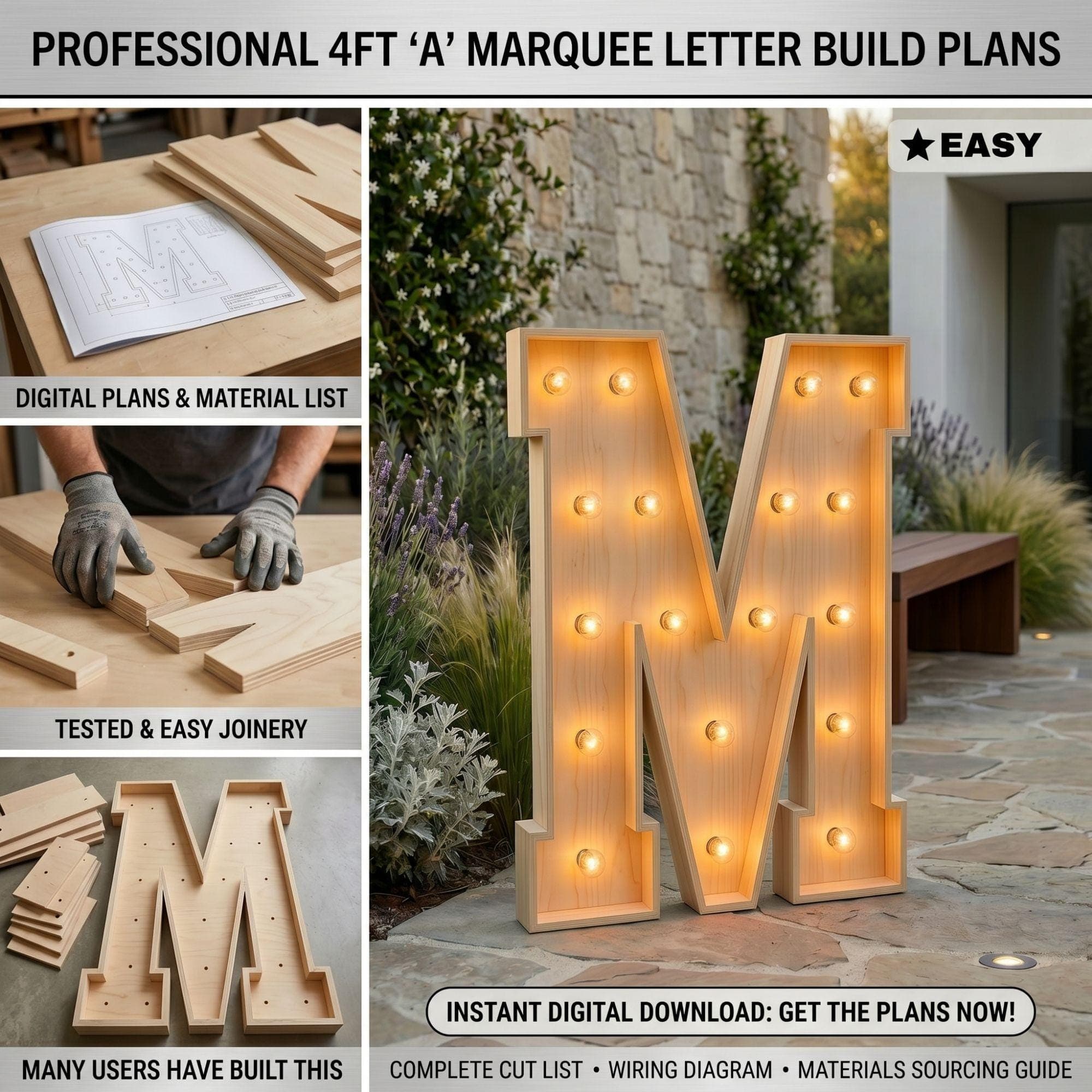 4ft Marquee Letter M Template PDF | Diy Giant Light Up Letter Svg, Dxf, Pdf Blueprint - view 3