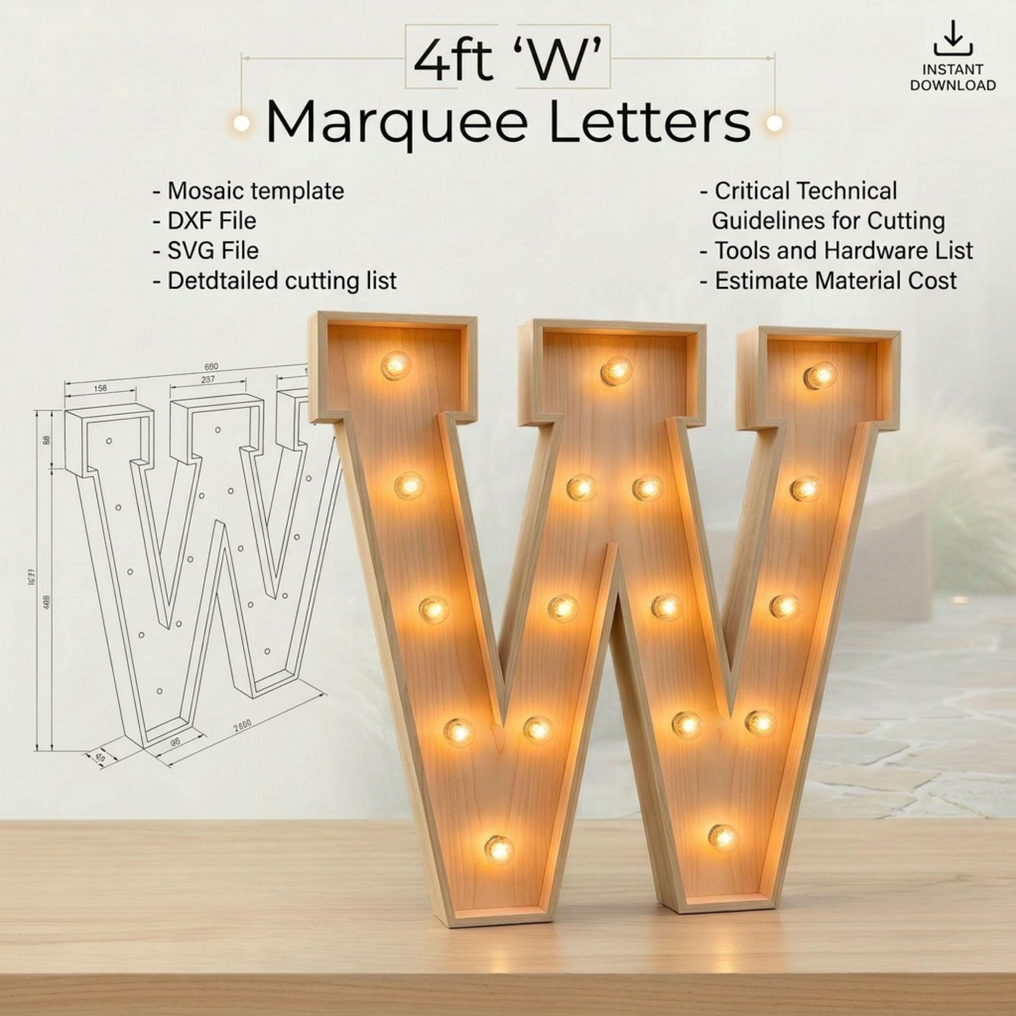 4ft Marquee Letter W Template PDF | Diy Giant Light Up Letter Svg, Dxf, Pdf Blueprint - view 2