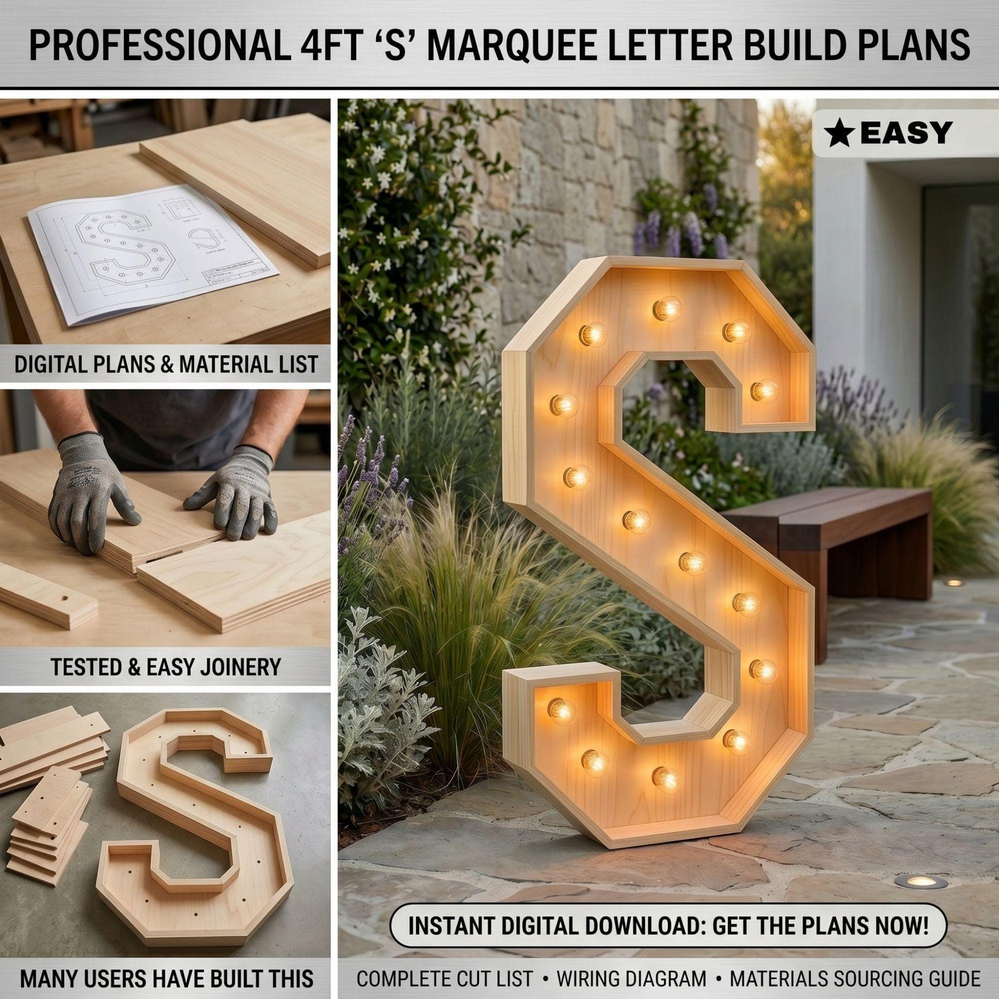 4ft Marquee Letter S Template PDF | Diy Giant Light Up Letter Svg, Dxf, Pdf Blueprint - view 3
