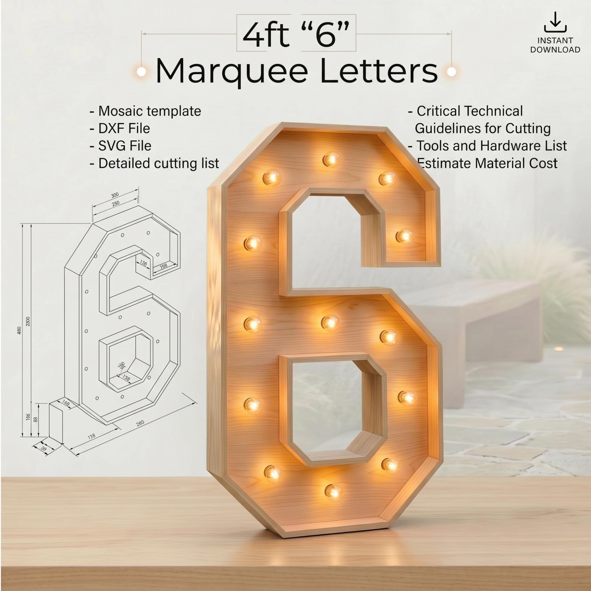 4ft Marquee Letter '6' Template PDF | Diy Giant Light Up Letter Svg, Dxf, Pdf Blueprint - view 2
