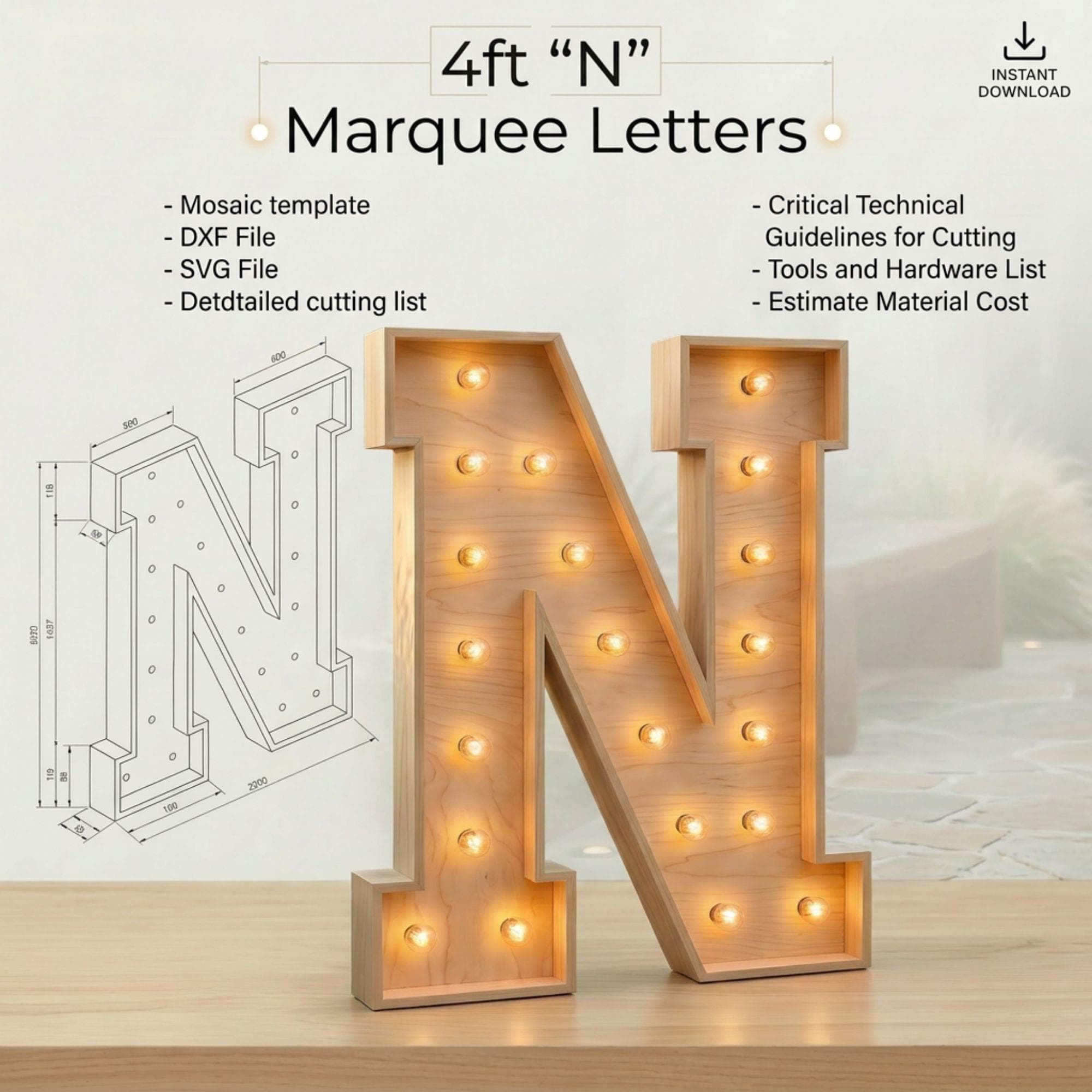 4ft Marquee Letter N Template PDF | Diy Giant Light Up Letter Svg, Dxf, Pdf Blueprint - view 2