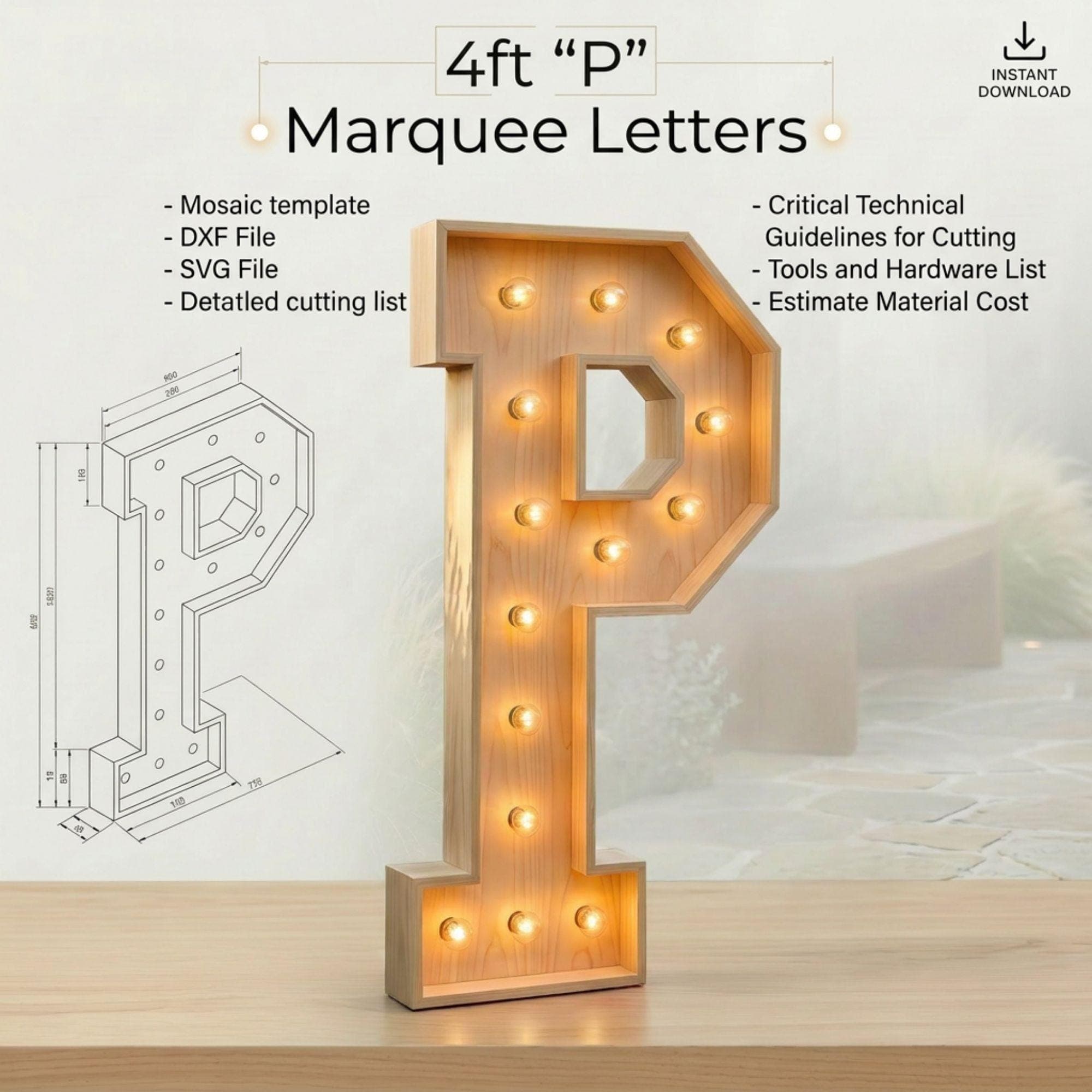 4ft Marquee Letter P Template PDF | Diy Giant Light Up Letter Svg, Dxf, Pdf Blueprint - view 2