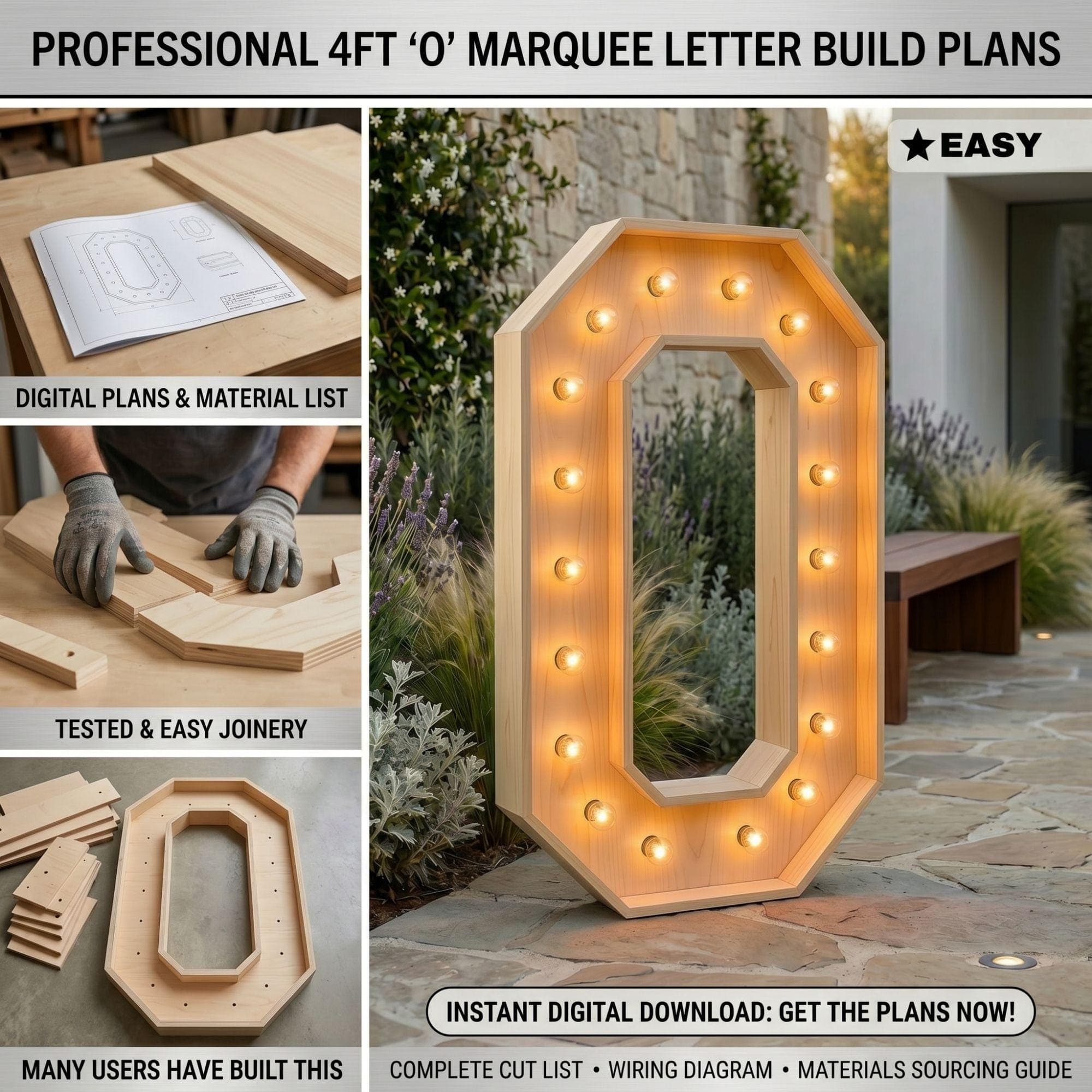 4ft Marquee Letter O Template PDF | Diy Giant Light Up Letter Svg, Dxf, Pdf Blueprint - view 3