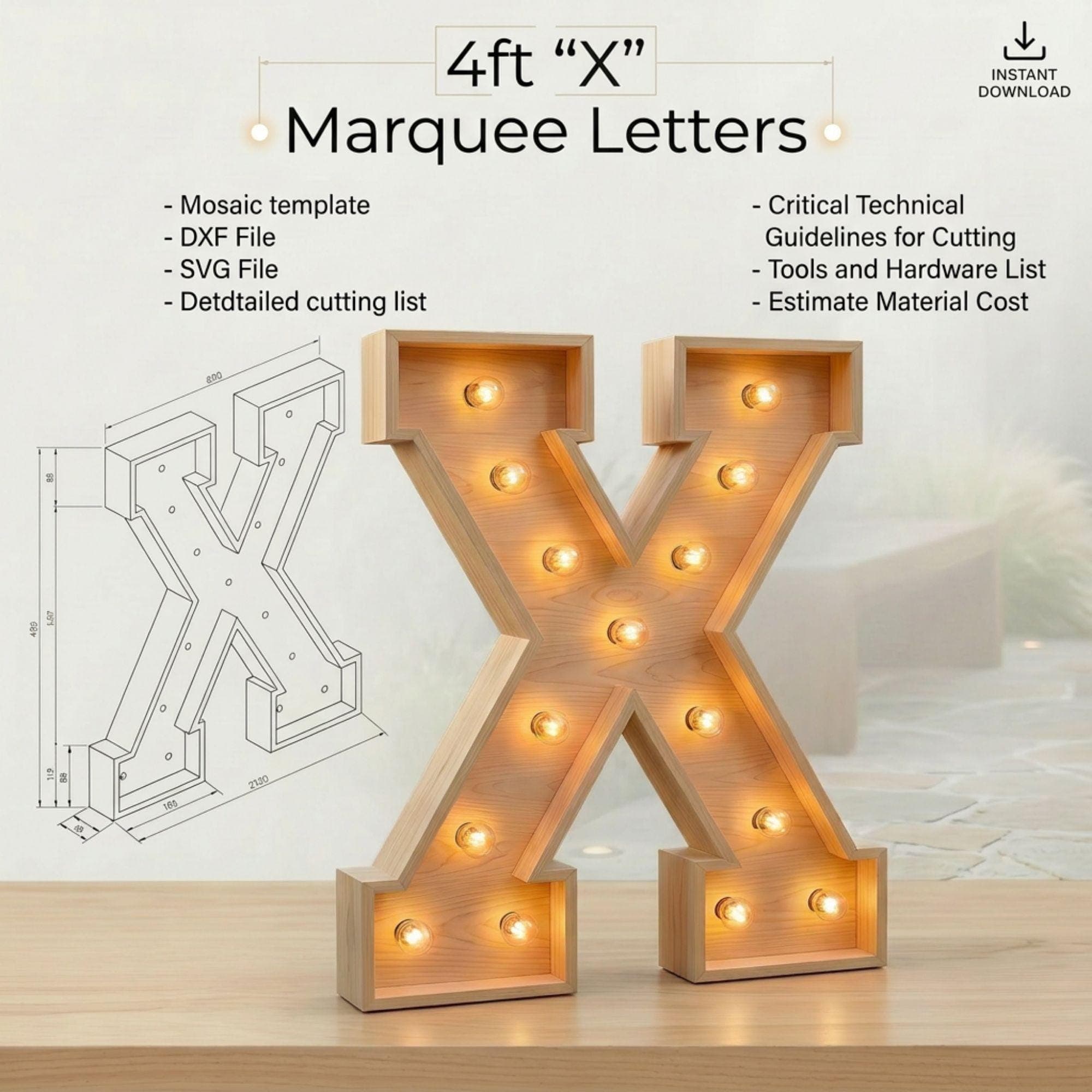 4ft Marquee Letter X Template PDF | Diy Giant Light Up Letter Svg, Dxf, Pdf Blueprint - view 2