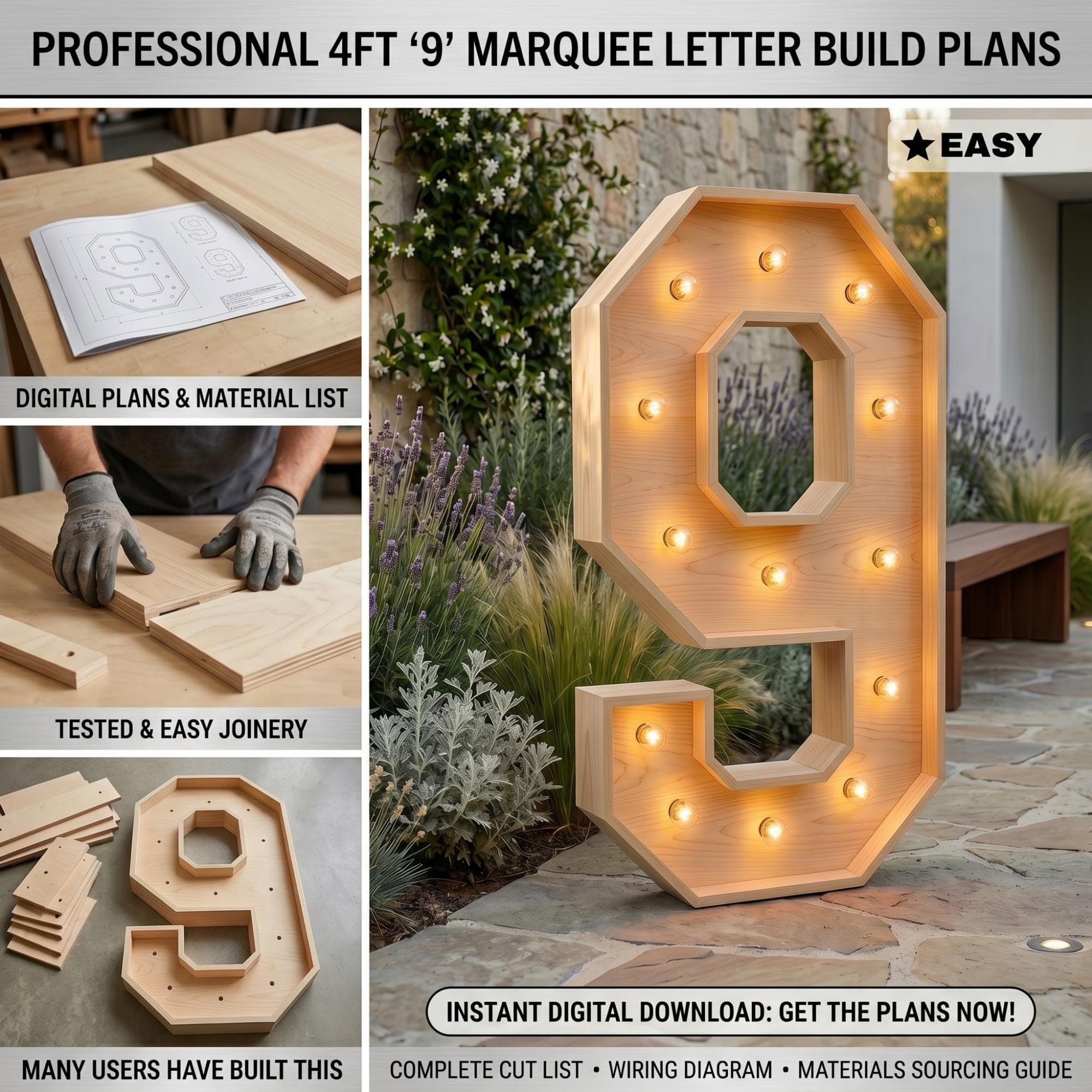 4ft Marquee Letter '9' Template PDF | Diy Giant Light Up Letter Svg, Dxf, Pdf Blueprint - view 3