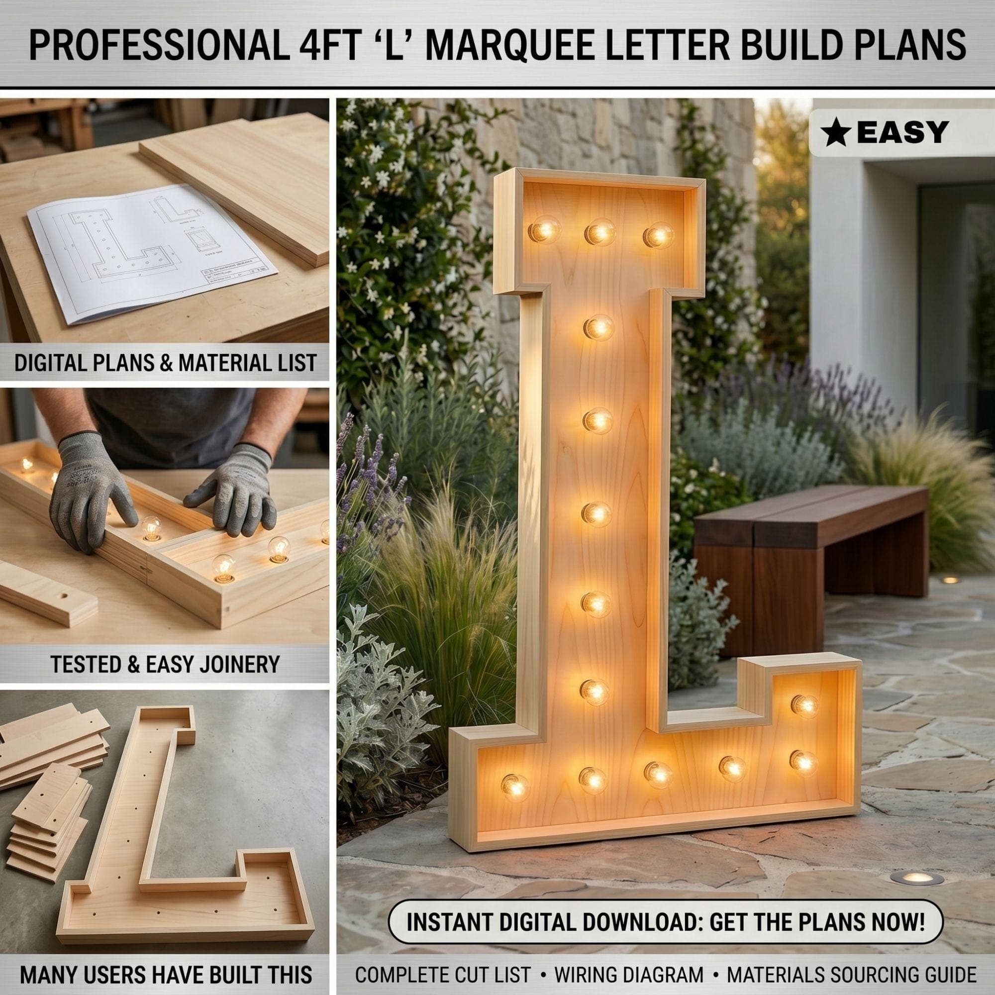 4ft Marquee Letter L Template PDF | Diy Giant Light Up Letter Svg, Dxf, Pdf Blueprint - view 3