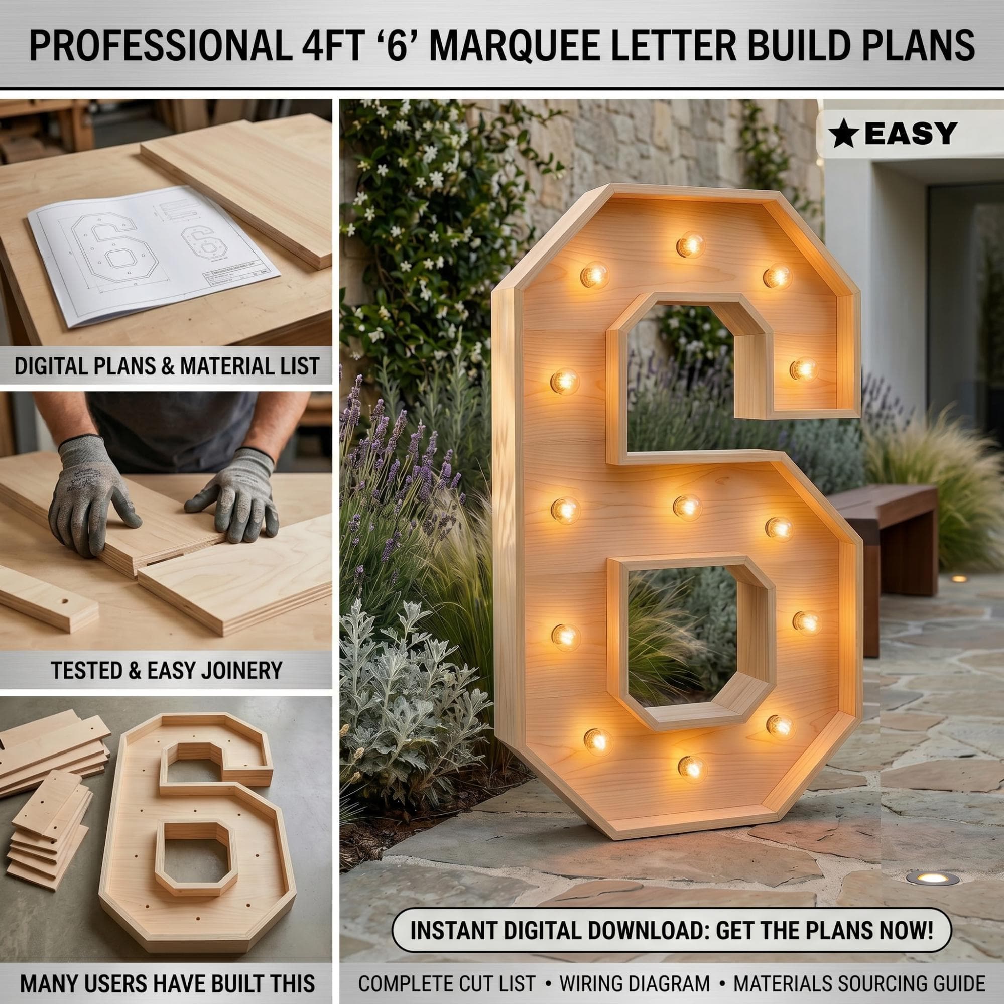 4ft Marquee Letter '6' Template PDF | Diy Giant Light Up Letter Svg, Dxf, Pdf Blueprint - view 3
