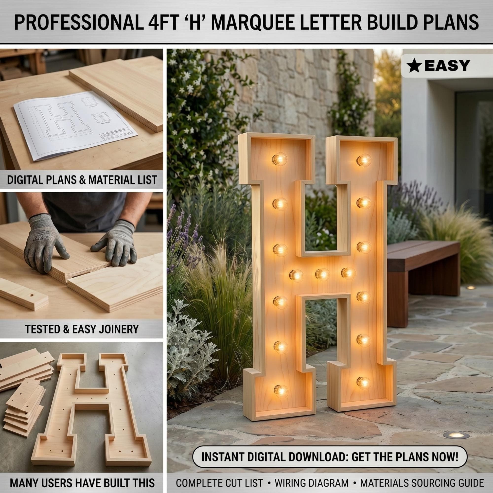 4ft Marquee Letter "H" Template PDF | Diy Giant Light Up Letter Svg, Dxf, Pdf Blueprint - view 2