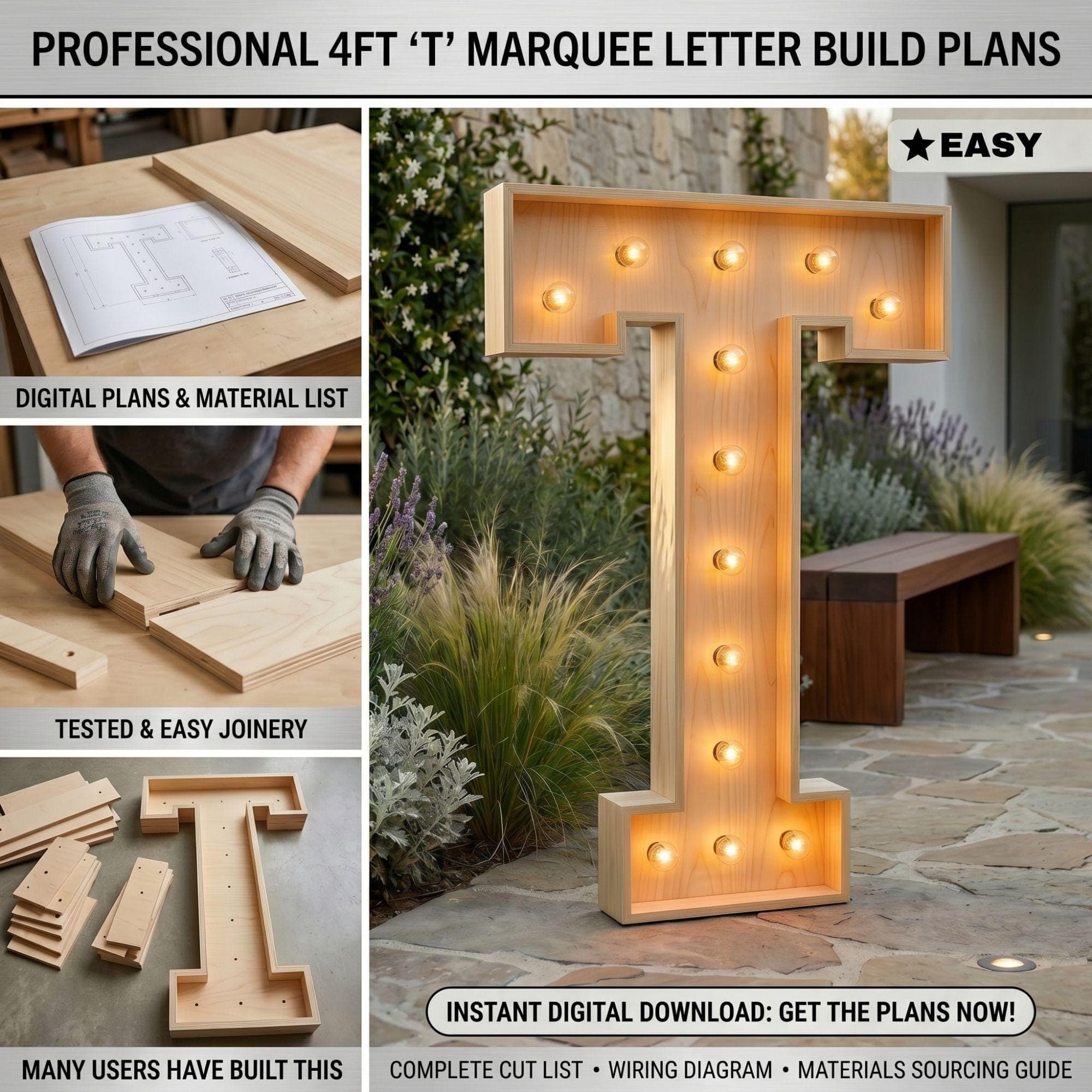4ft Marquee Letter T Template PDF | Diy Giant Light Up Letter Svg, Dxf, Pdf Blueprint - view 3