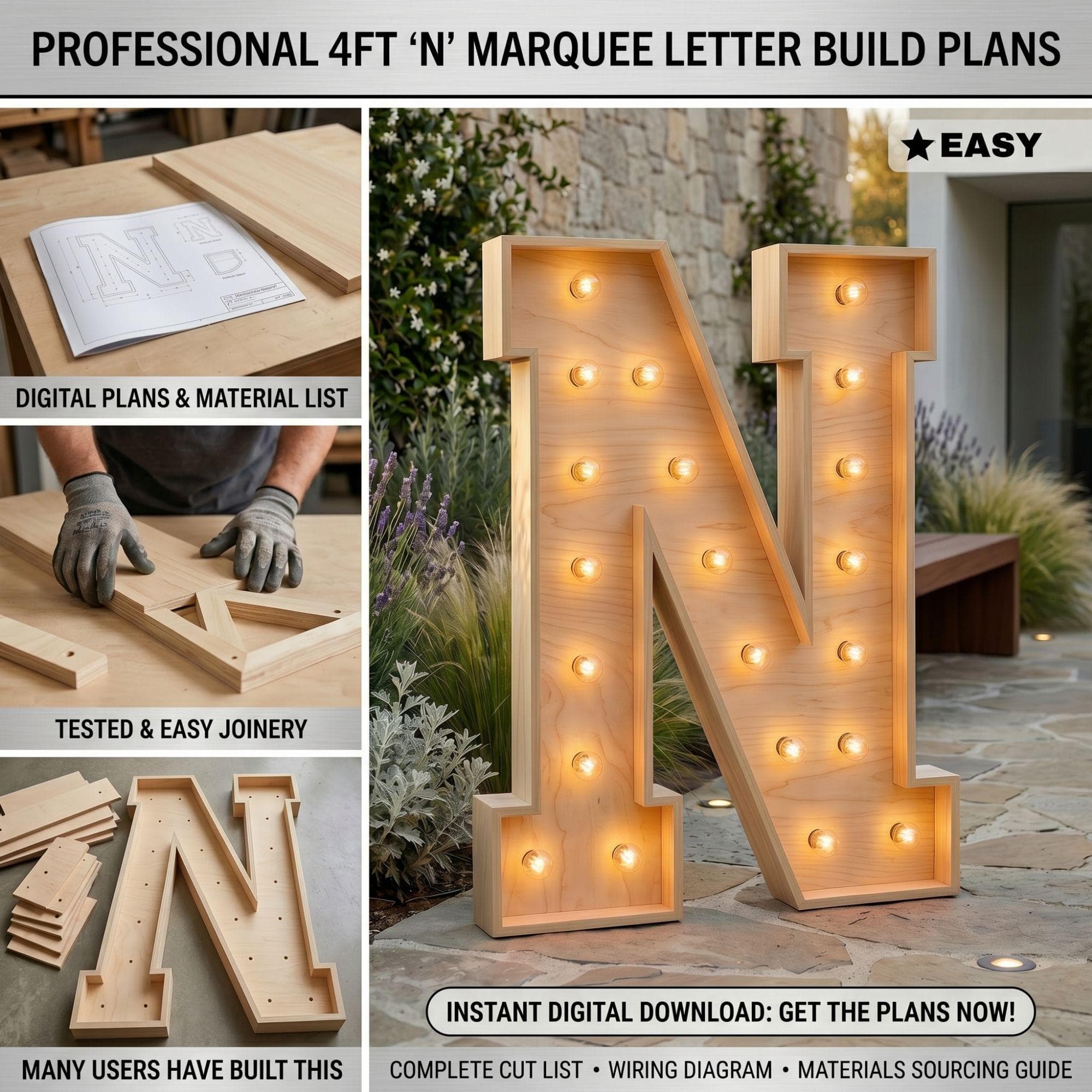 4ft Marquee Letter N Template PDF | Diy Giant Light Up Letter Svg, Dxf, Pdf Blueprint - view 3