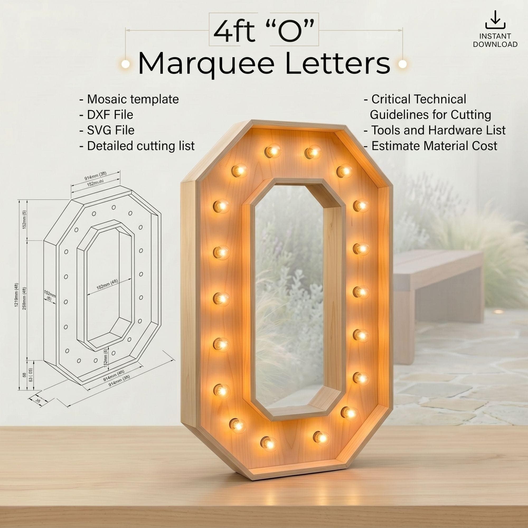 4ft Marquee Letter O Template PDF | Diy Giant Light Up Letter Svg, Dxf, Pdf Blueprint - view 2