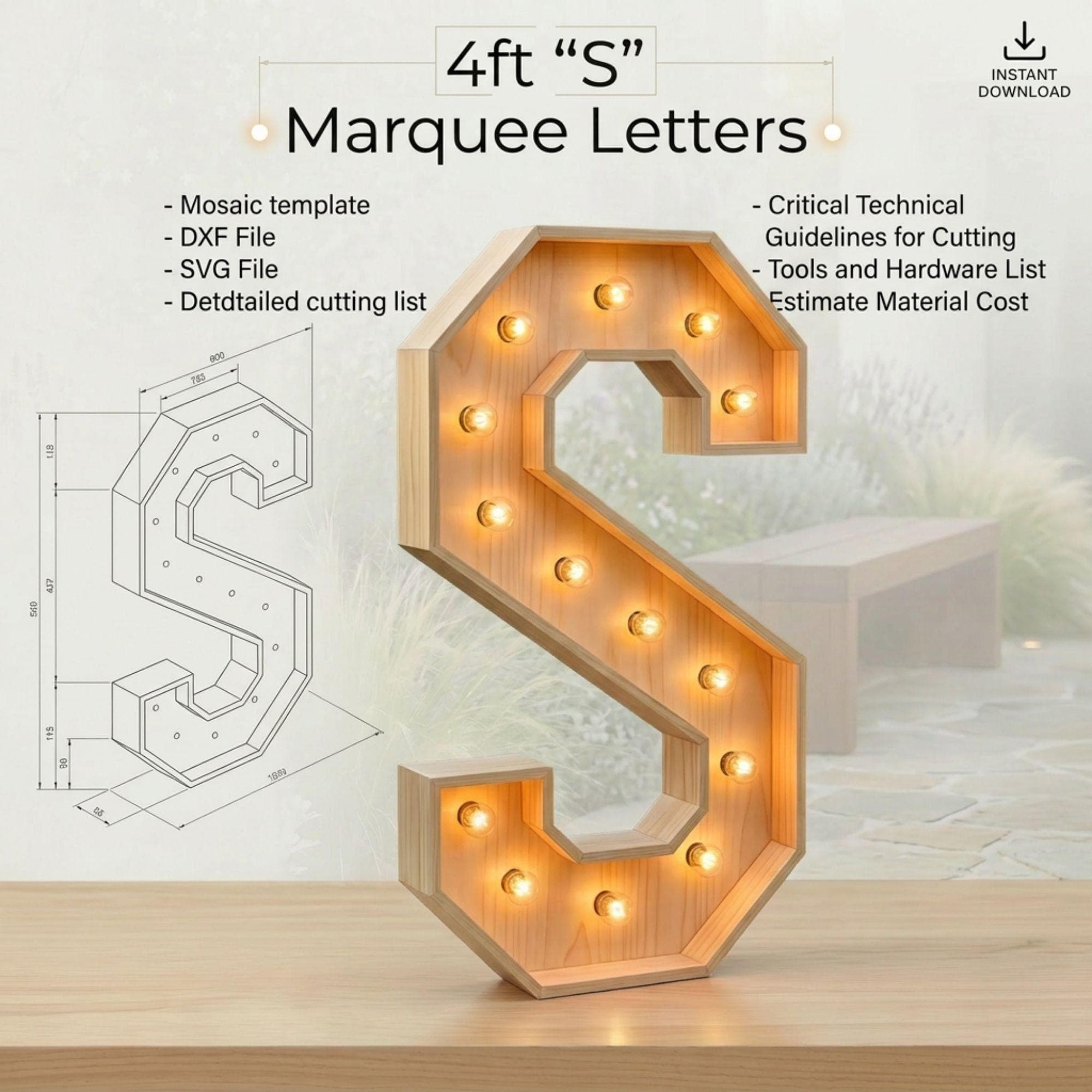 4ft Marquee Letter S Template PDF | Diy Giant Light Up Letter Svg, Dxf, Pdf Blueprint - view 2
