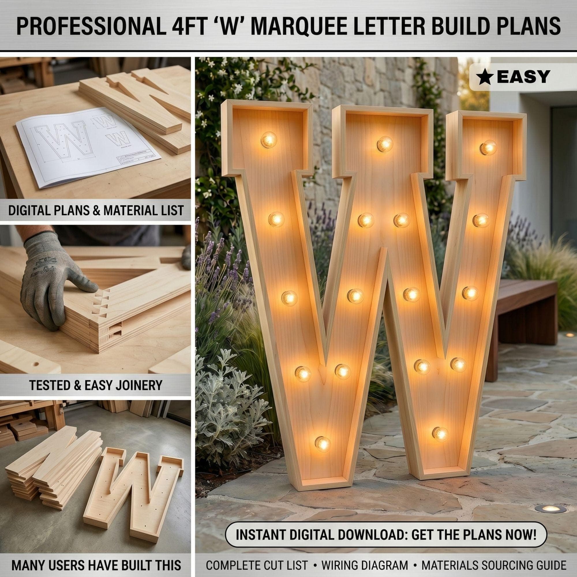 4ft Marquee Letter W Template PDF | Diy Giant Light Up Letter Svg, Dxf, Pdf Blueprint - view 3