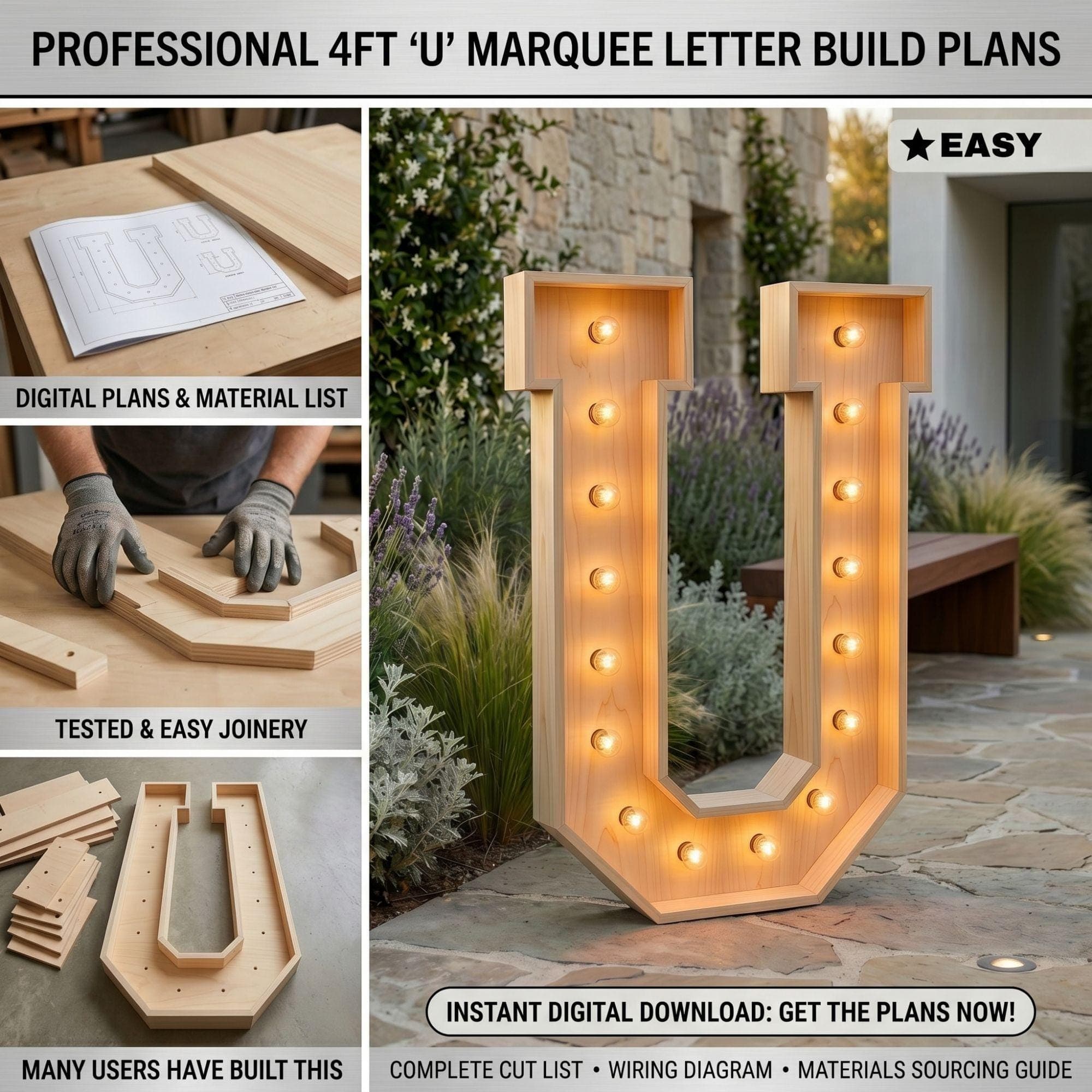 4ft Marquee Letter U Template PDF | Diy Giant Light Up Letter Svg, Dxf, Pdf Blueprint - view 3