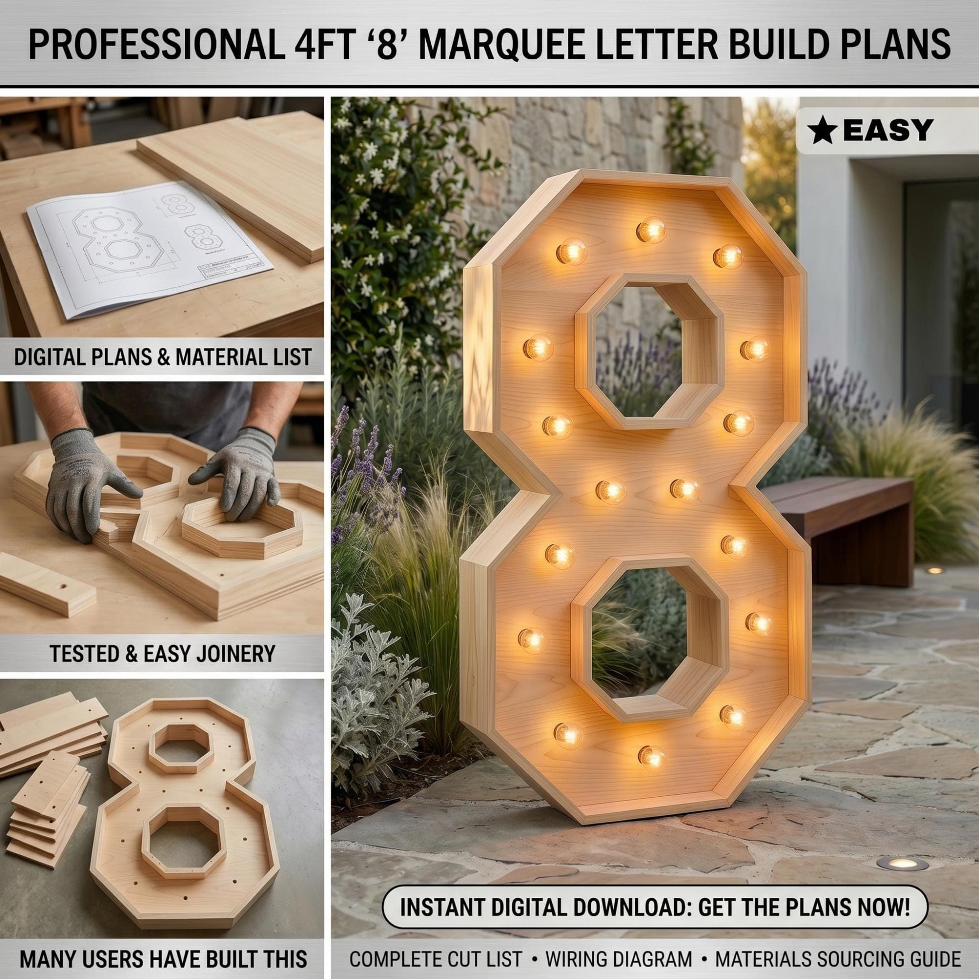 4ft Marquee Letter '8' Template PDF | Diy Giant Light Up Letter Svg, Dxf, Pdf Blueprint - view 3