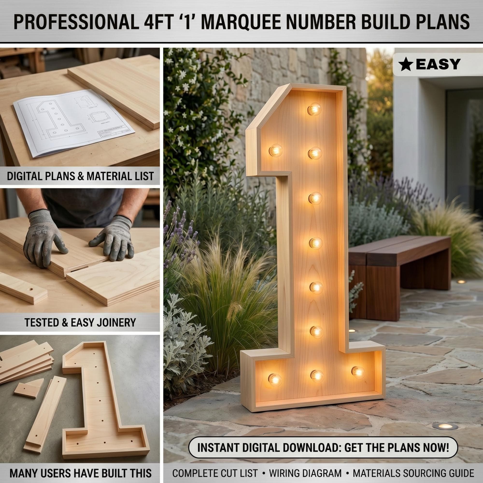 4ft Marquee Letter '1' Template PDF | Diy Giant Light Up Letter Svg, Dxf, Pdf Blueprint - view 3