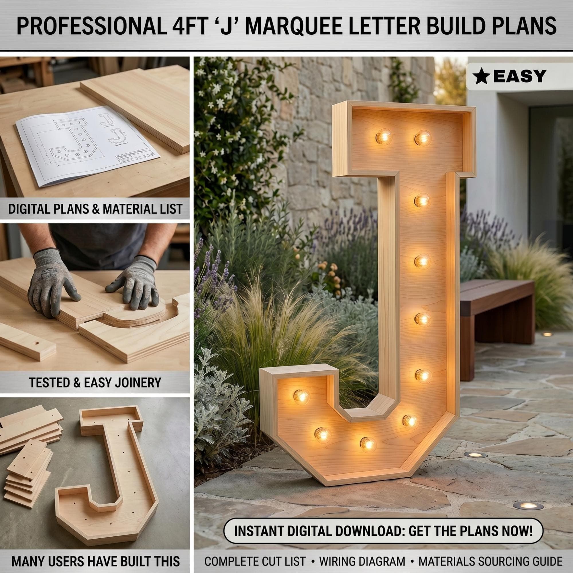 4ft Marquee Letter "J" Template PDF | Diy Giant Light Up Letter Svg, Dxf, Pdf Blueprint - view 2