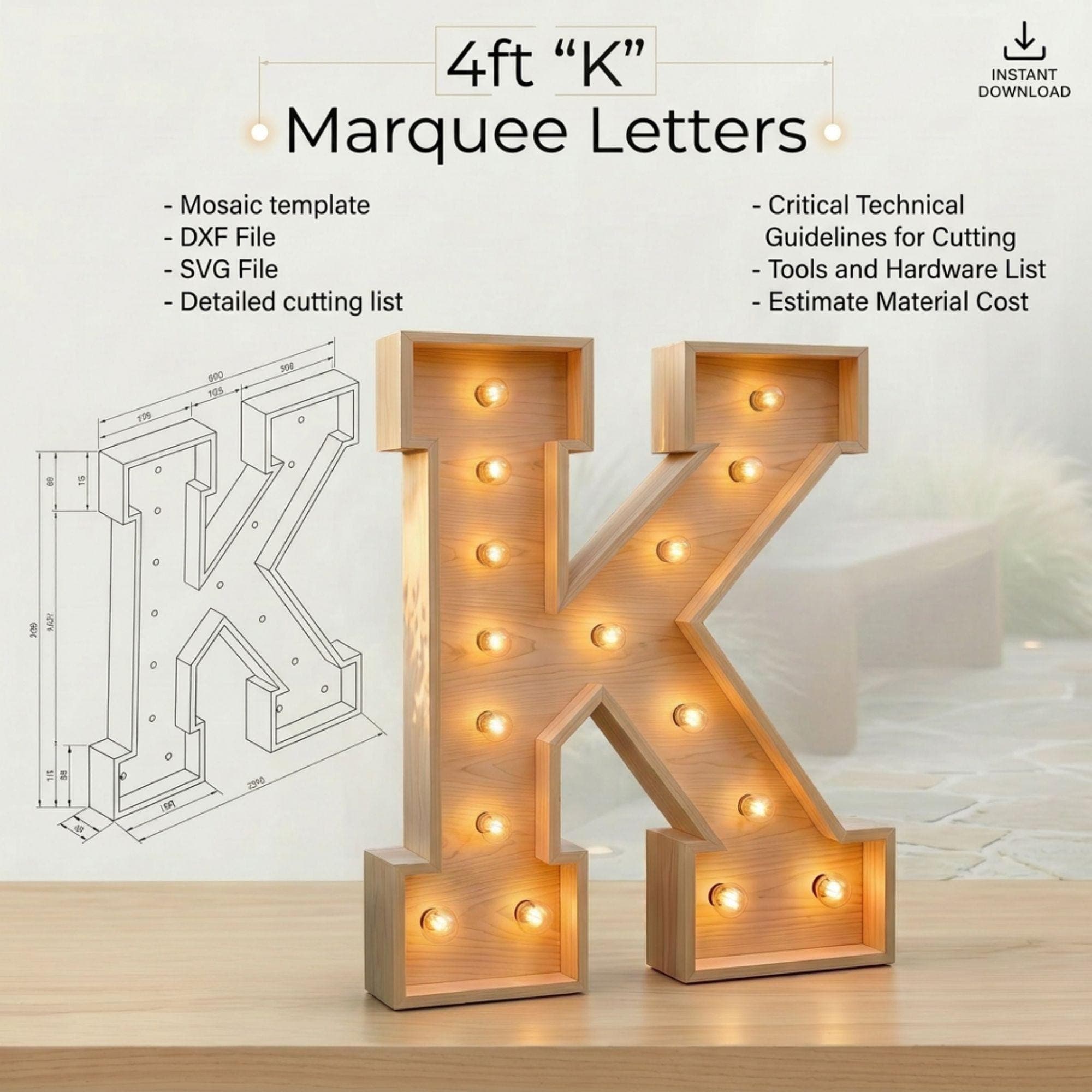 4ft Marquee Letter K Template PDF | Diy Giant Light Up Letter Svg, Dxf, Pdf Blueprint - view 3