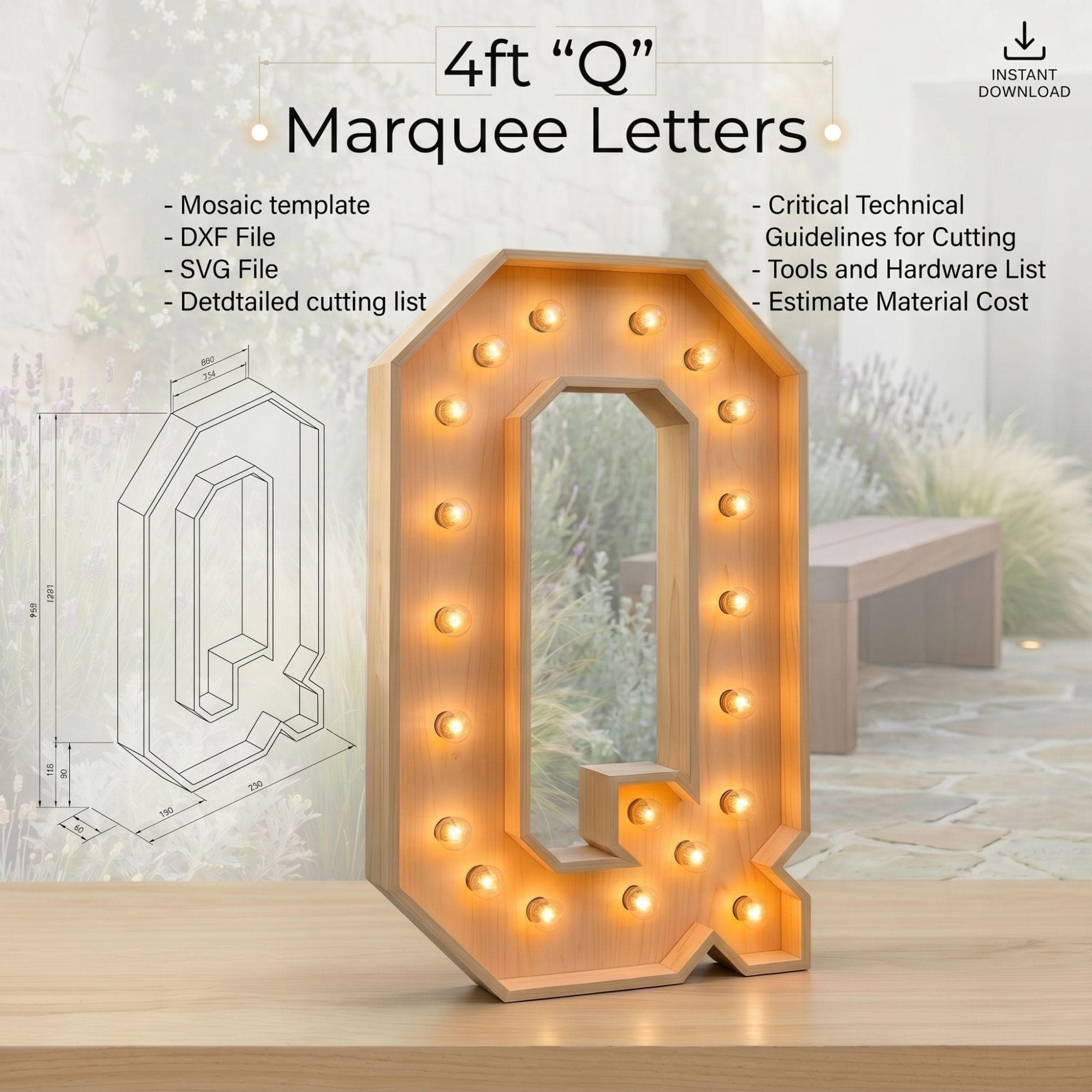 4ft Marquee Letter Q Template PDF | Diy Giant Light Up Letter Svg, Dxf, Pdf Blueprint - view 2