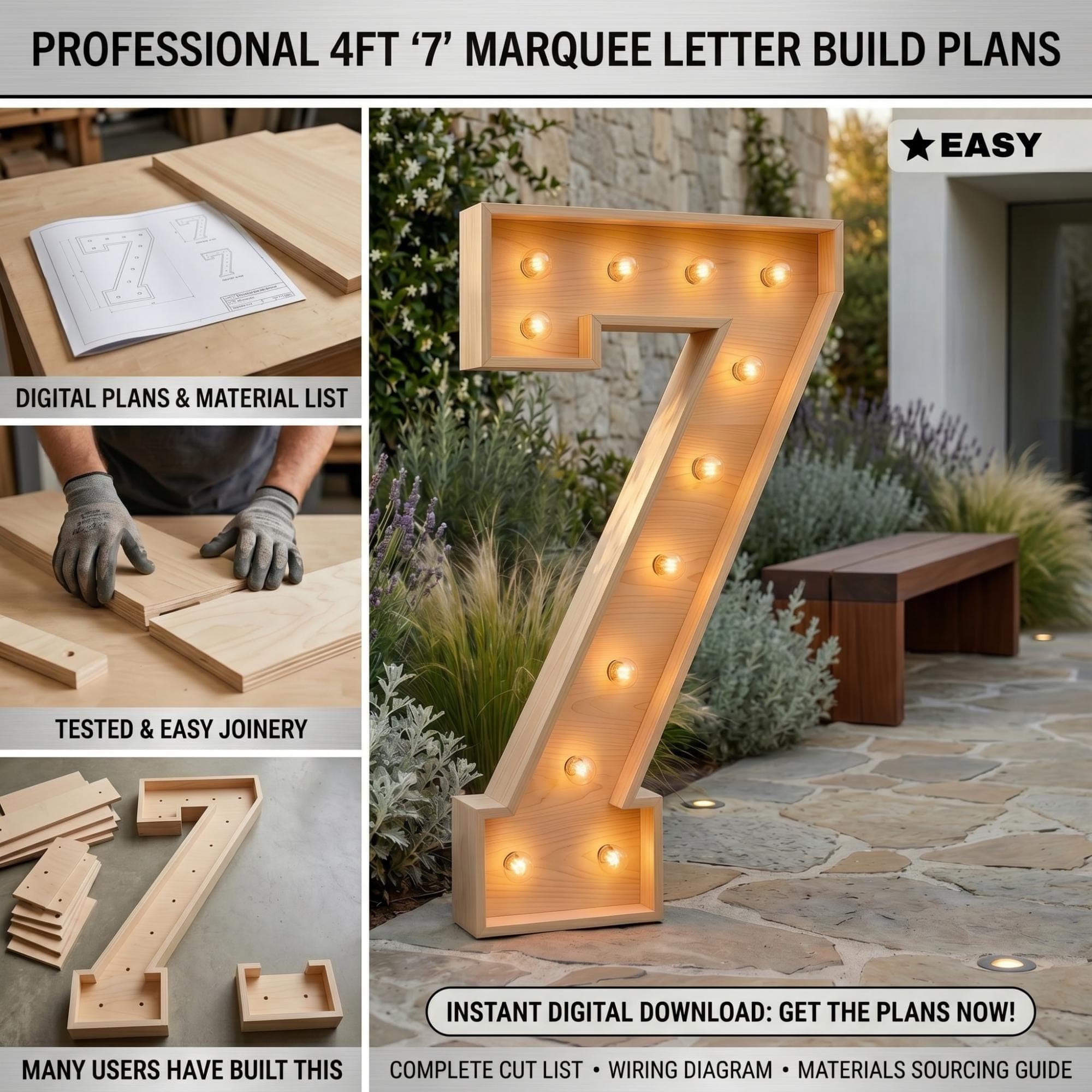 4ft Marquee Letter '7' Template PDF | Diy Giant Light Up Letter Svg, Dxf, Pdf Blueprint - view 3