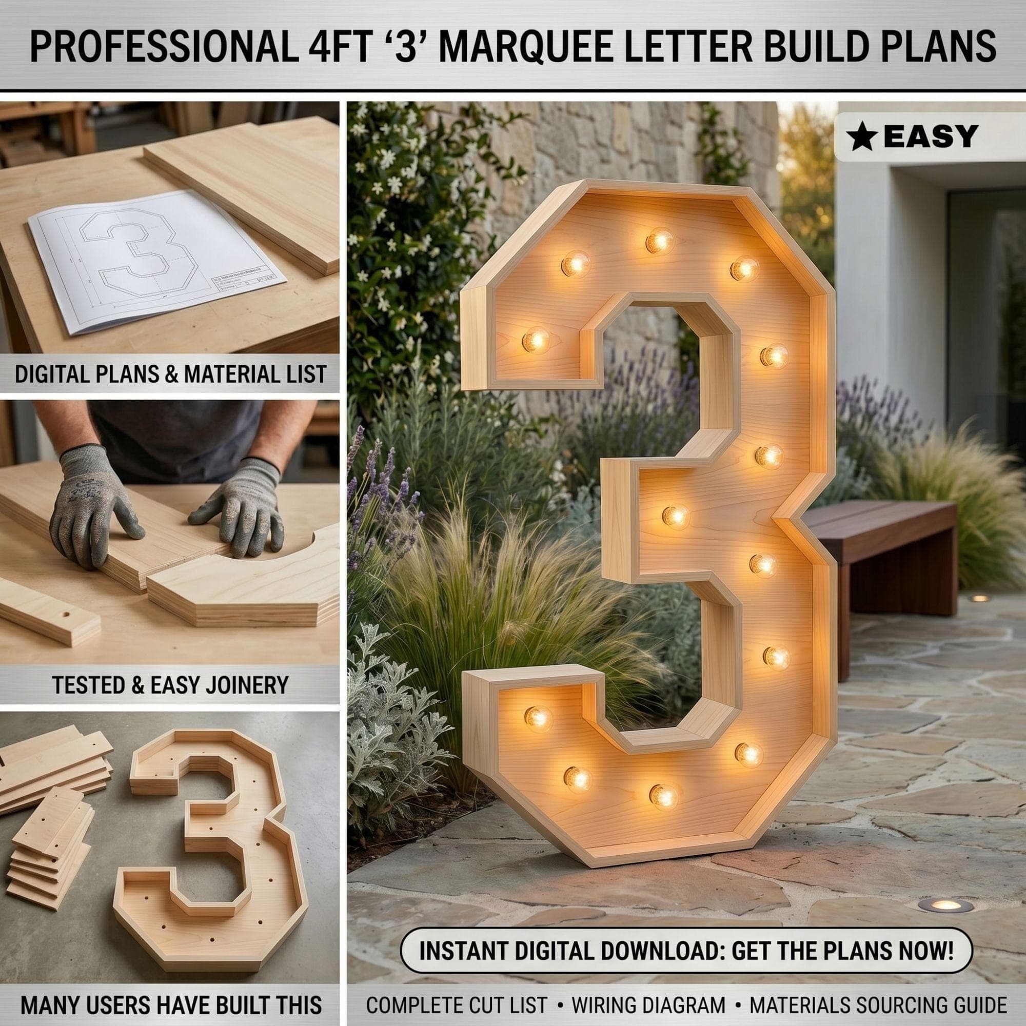 4ft Marquee Letter '3' Template PDF | Diy Giant Light Up Letter Svg, Dxf, Pdf Blueprint - view 3
