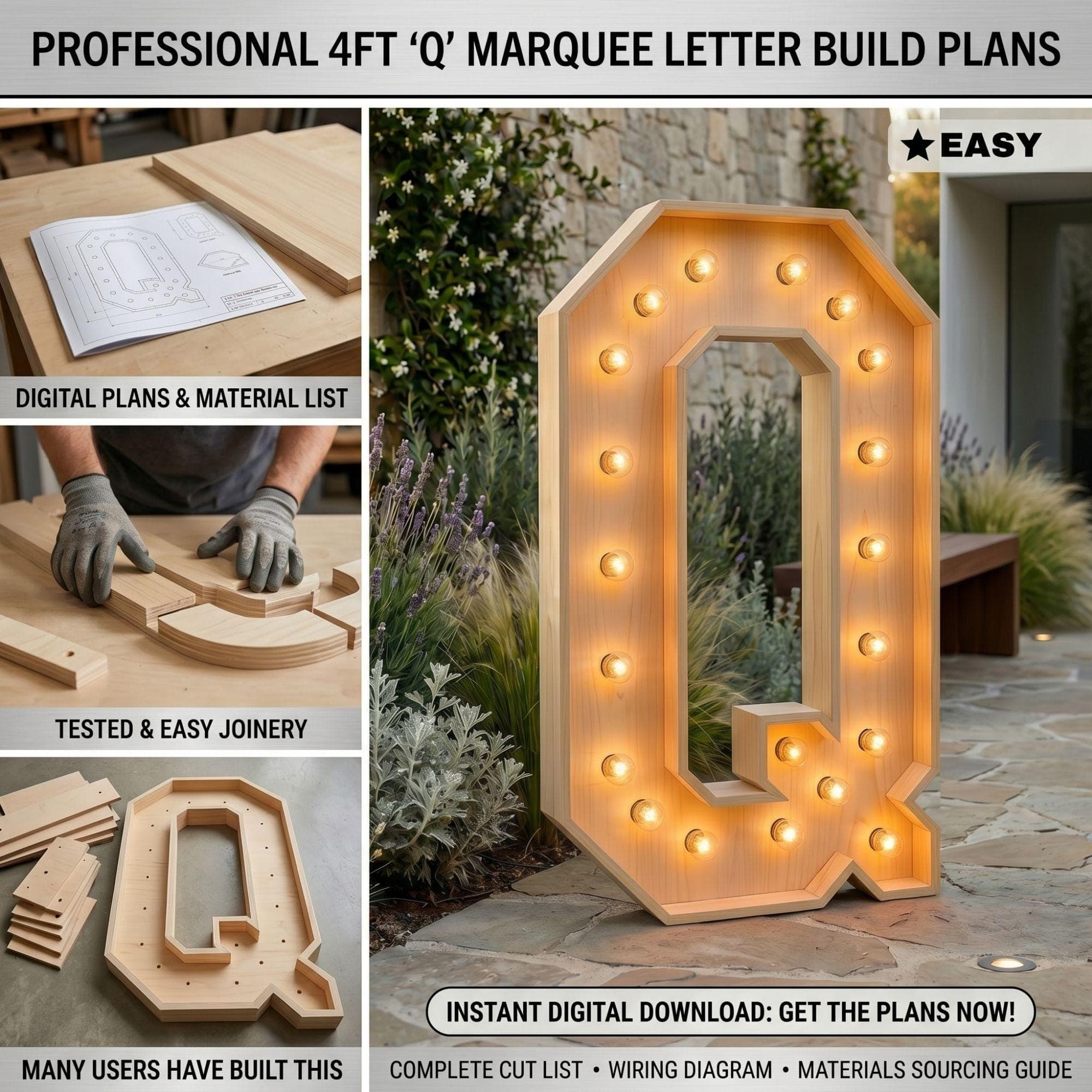 4ft Marquee Letter Q Template PDF | Diy Giant Light Up Letter Svg, Dxf, Pdf Blueprint - view 3