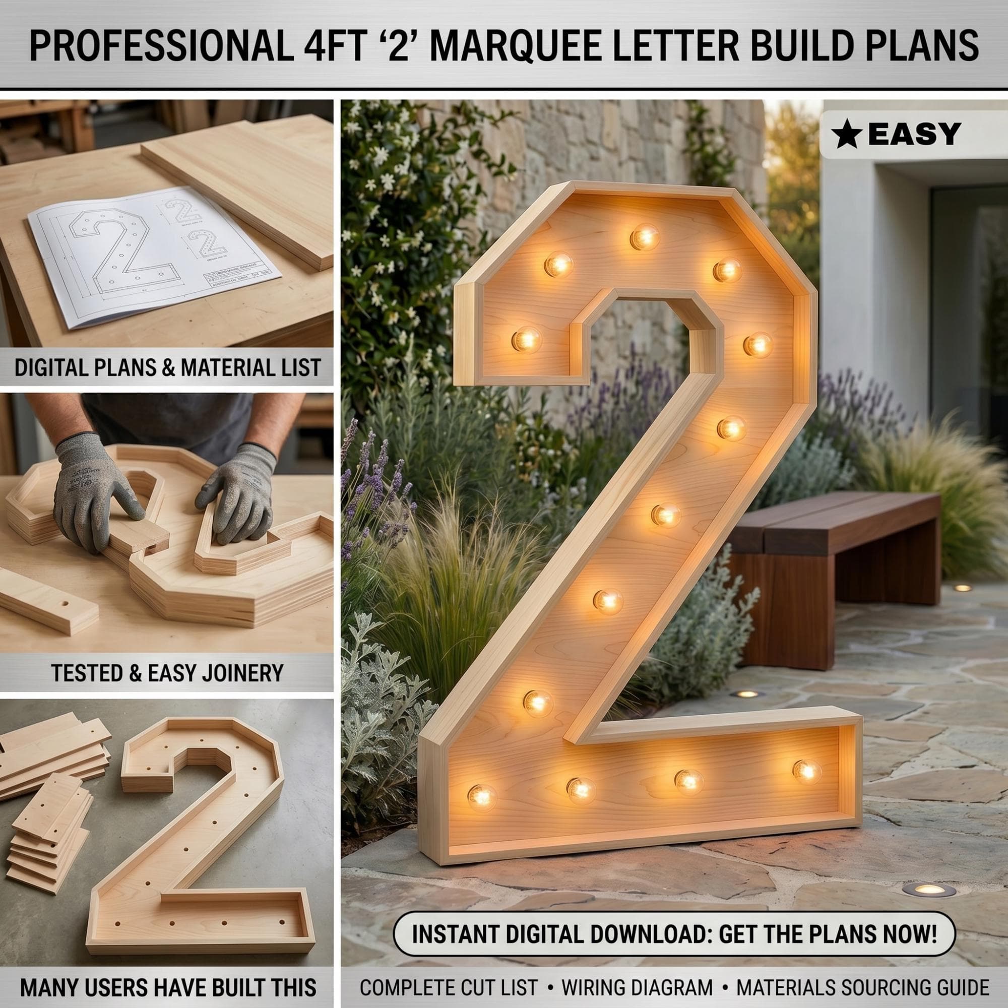 4ft Marquee Letter '2' Template PDF | Diy Giant Light Up Letter Svg, Dxf, Pdf Blueprint - view 3